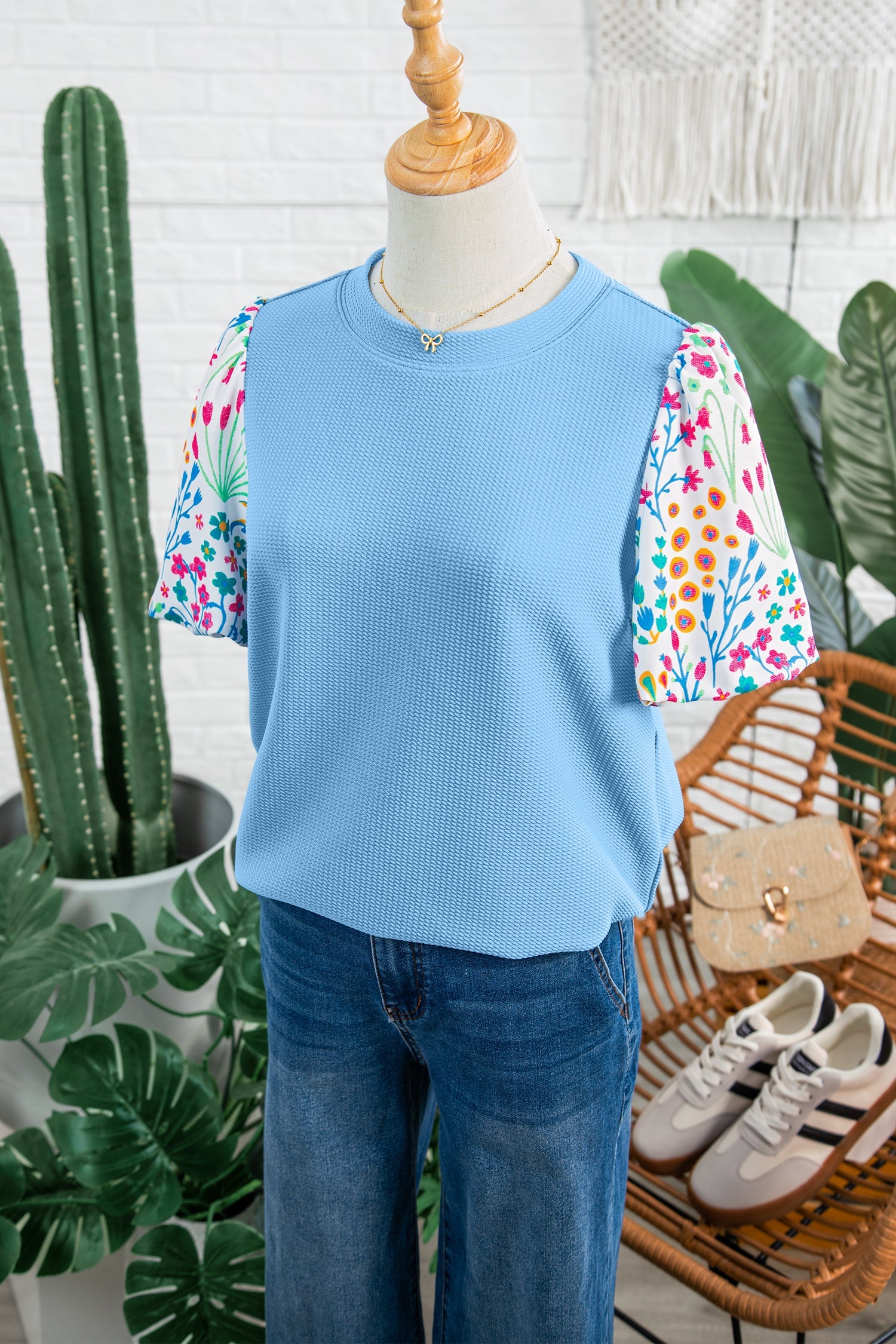 Floral Patchwork Bubble Sleeve Textured Blouse