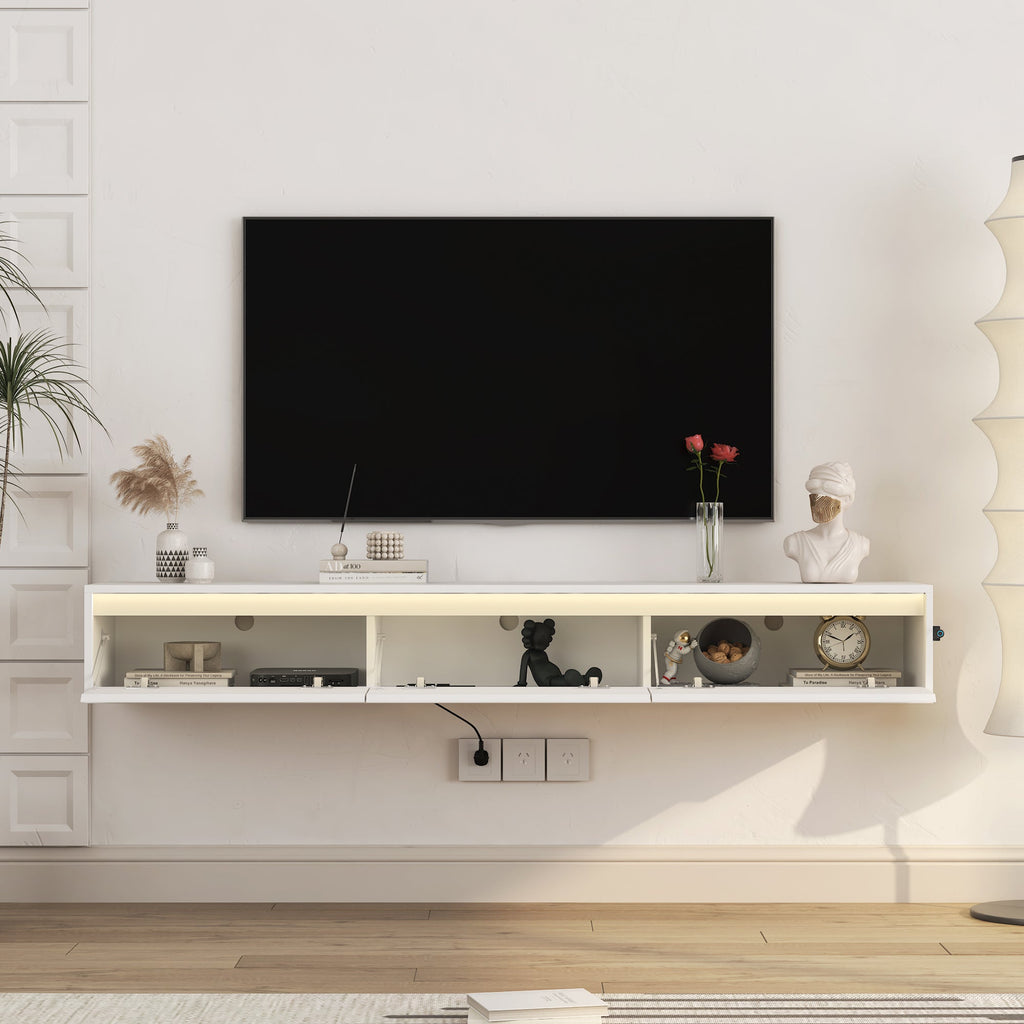 Floating TV Stand, Wall Mounted TV Shelf with Led Lights & Power Outlet,High Gloss TV Cabinet for tv Stands for Living Room