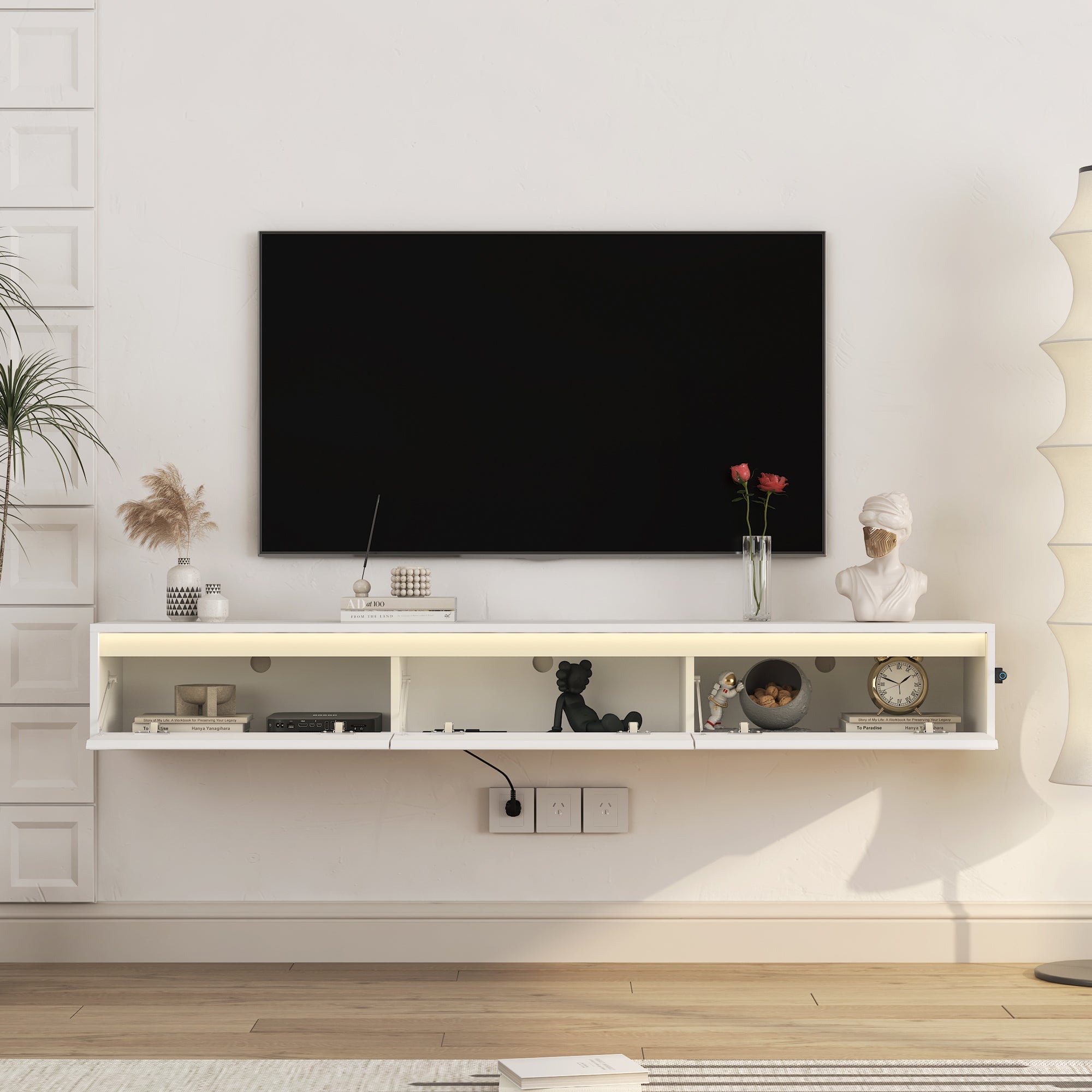 Floating TV Stand, Wall Mounted TV Shelf with Led Lights & Power Outlet,High Gloss TV Cabinet for tv Stands for Living Room