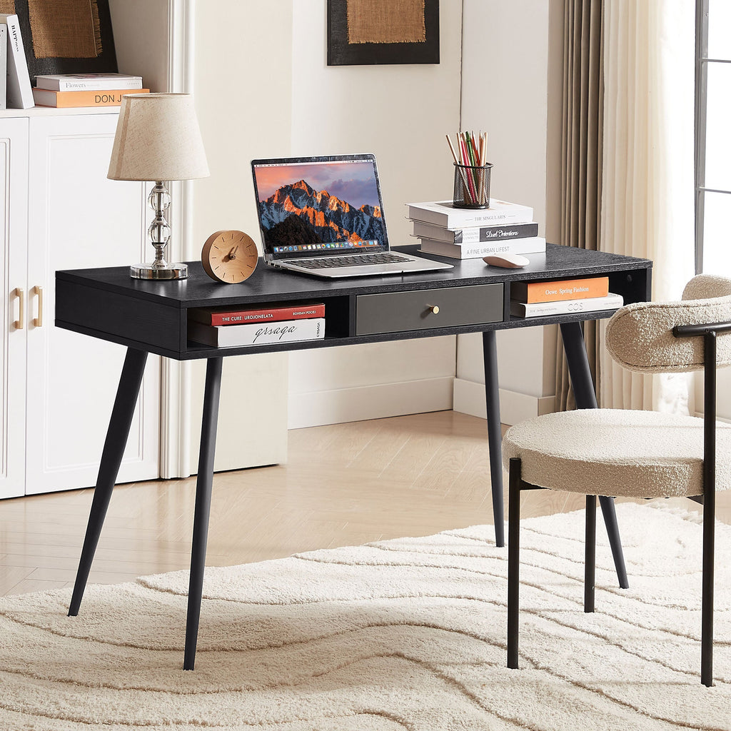 Mid Century Desk with USB Ports and Power Outlet, Modern Writing Study Desk with Drawers, Multifunctional Home Office Computer Desk Black