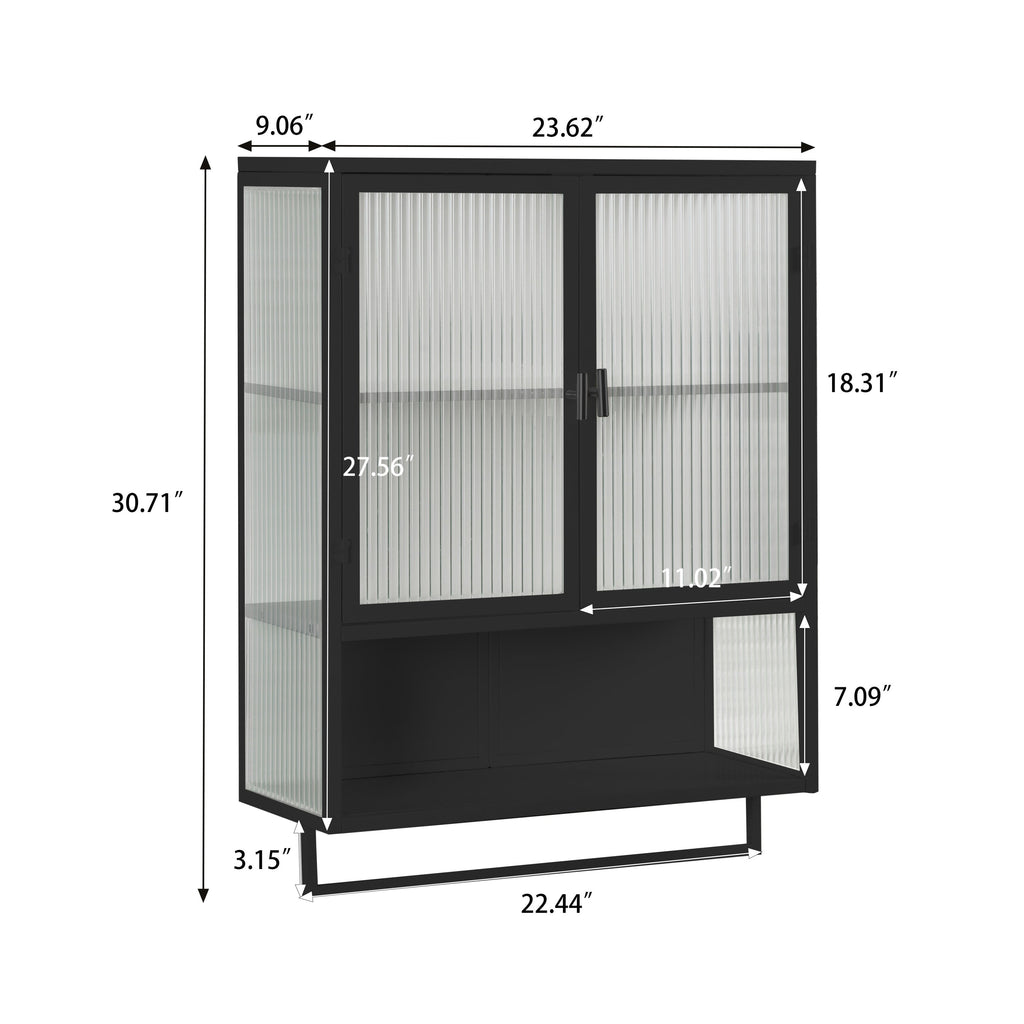 23.62'Glass Doors Modern Two-door Wall Cabinet with Featuring Two-tier Enclosed Storage, an Open Shelf, and Towel Rack, for Entryway Living Room Bathroom Dining Room,Black