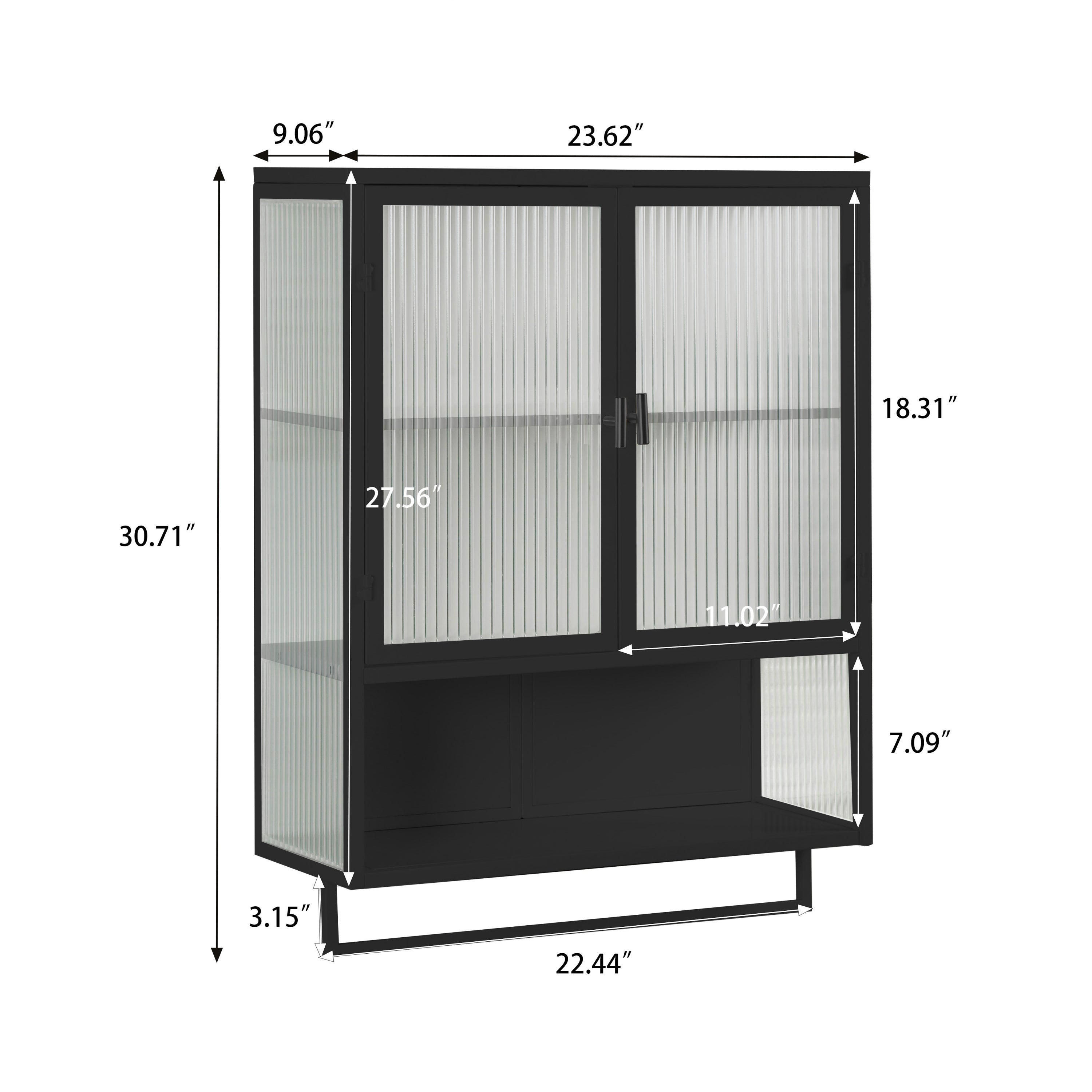 23.62'Glass Doors Modern Two-door Wall Cabinet with Featuring Two-tier Enclosed Storage, an Open Shelf, and Towel Rack, for Entryway Living Room Bathroom Dining Room,Black
