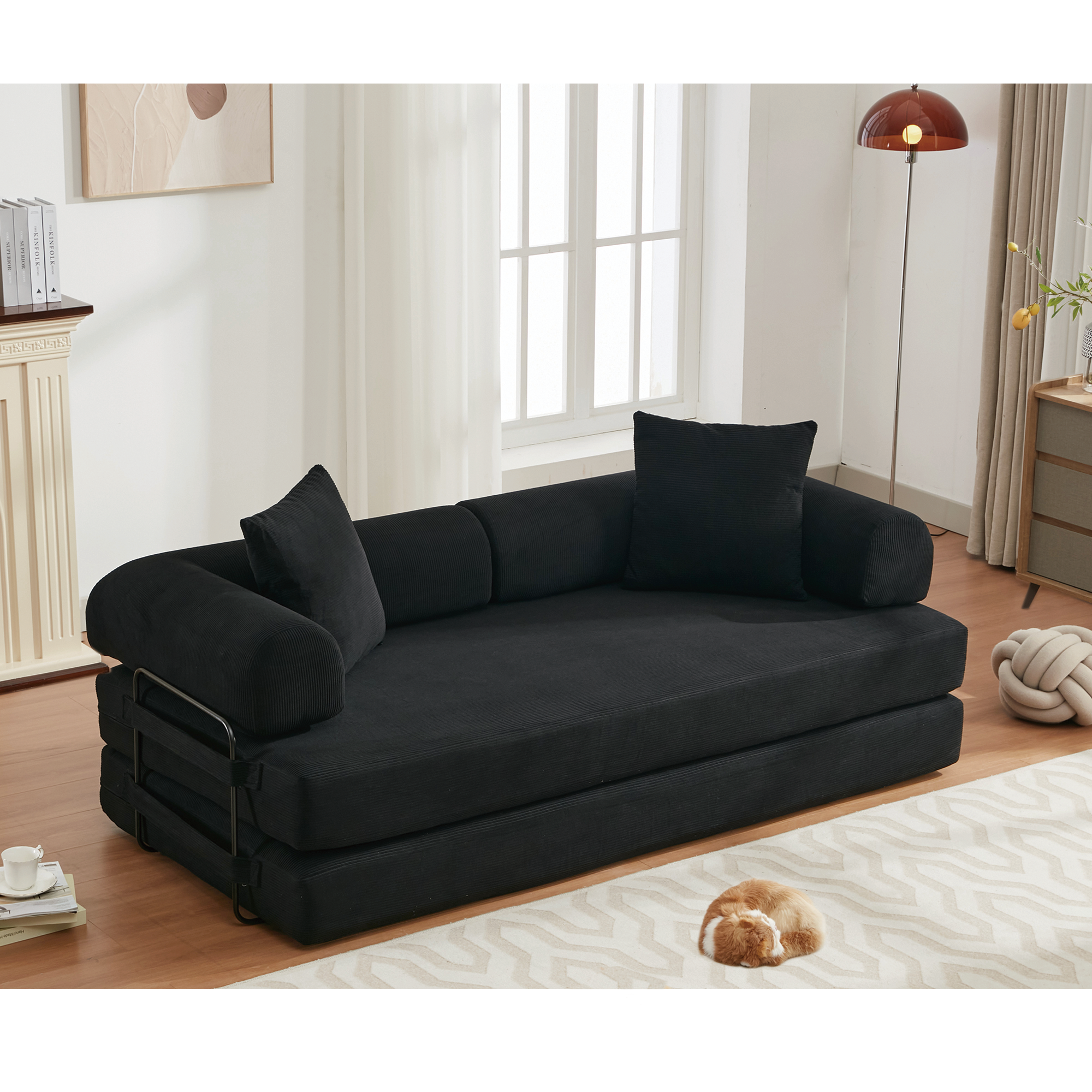 [NEW ARRIVED] [VIDEO PROVIDED] 78.5' Folding Convertible Out Sleeper Sofa Bed,4-in-1 DIY Combination Convertible Sofa,3 seat, Folding  Sofa, King Size , Bedroom,Apartment,Corduroy,Black