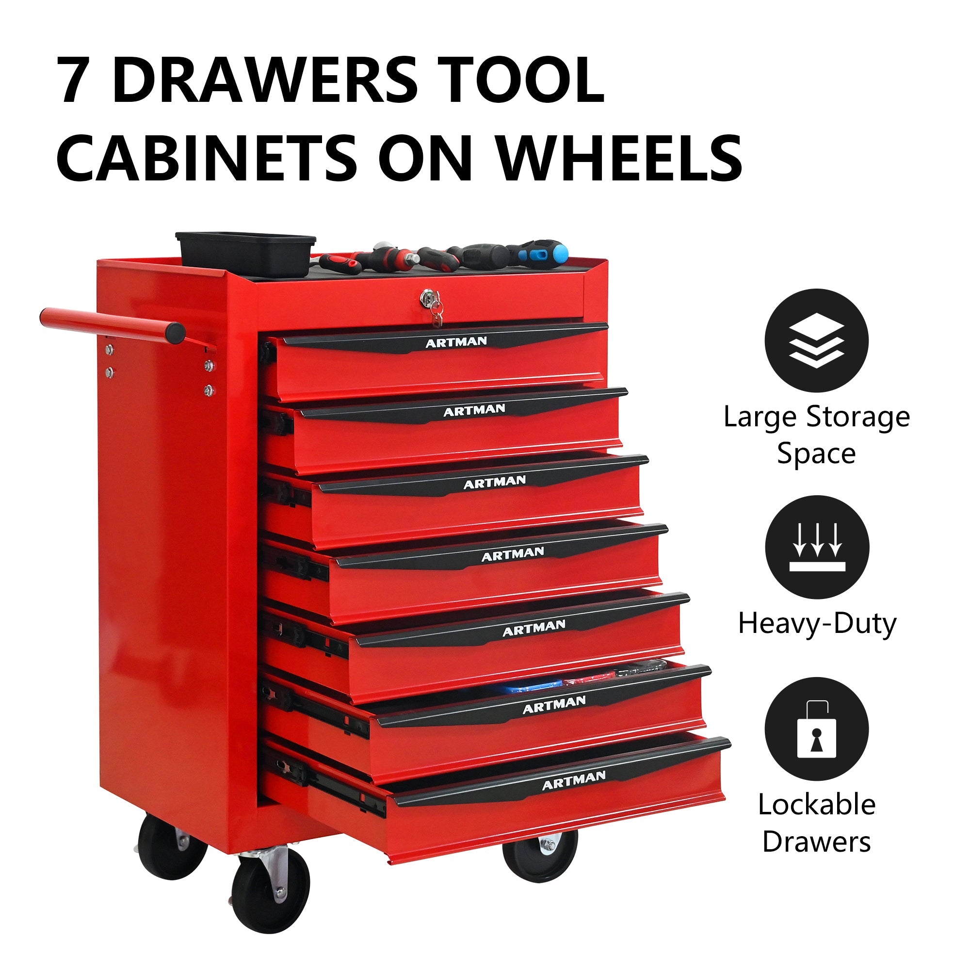Rolling Metal Tool Chest with 7 Drawers, 20' Steel Storage Cabinet with Ball Bearing Slides, Red and Black Finish