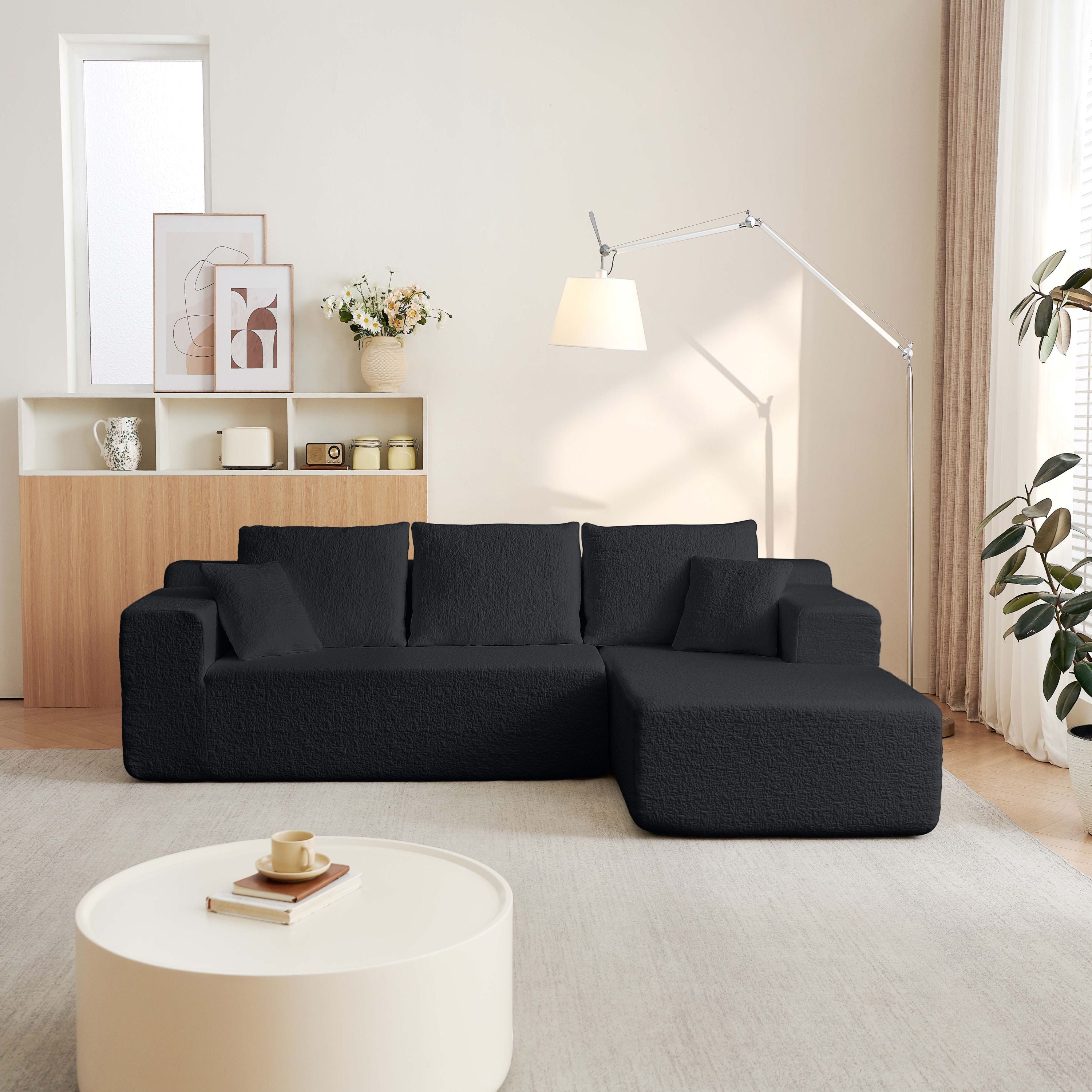 Modern Modular 104' Cloud Sectional Couch with L-Shape Chaise Upholstered in Black Chenille Fabric