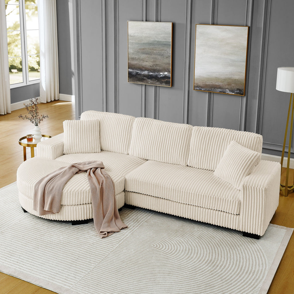 Corduroy Tufted Upholstered Sleeper Sectional Sofa, L-Shaped Modular Convertible Sofa ,The arc-shaped footstool can be placed freely on the left and right-Beige
