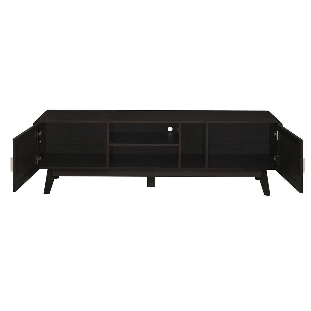 63'' Dark Rattan TV Stand with 2 Storage Cabinets for 65 Inch TV, Entertainment Center with Solid Wood Legs, Media Console Table for Living Room, Bedroom