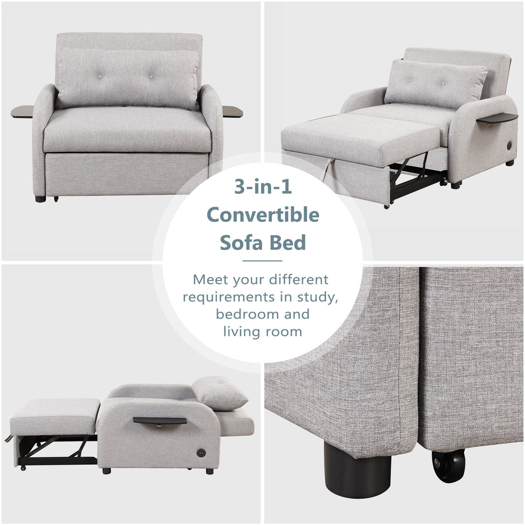 3-in-1 Pull Out Sofa Sleeper with Wing Table and USB Charge, Gray Linen, Iron Frame, 36.2-71.7'D x 42.9'W x 35.8'H