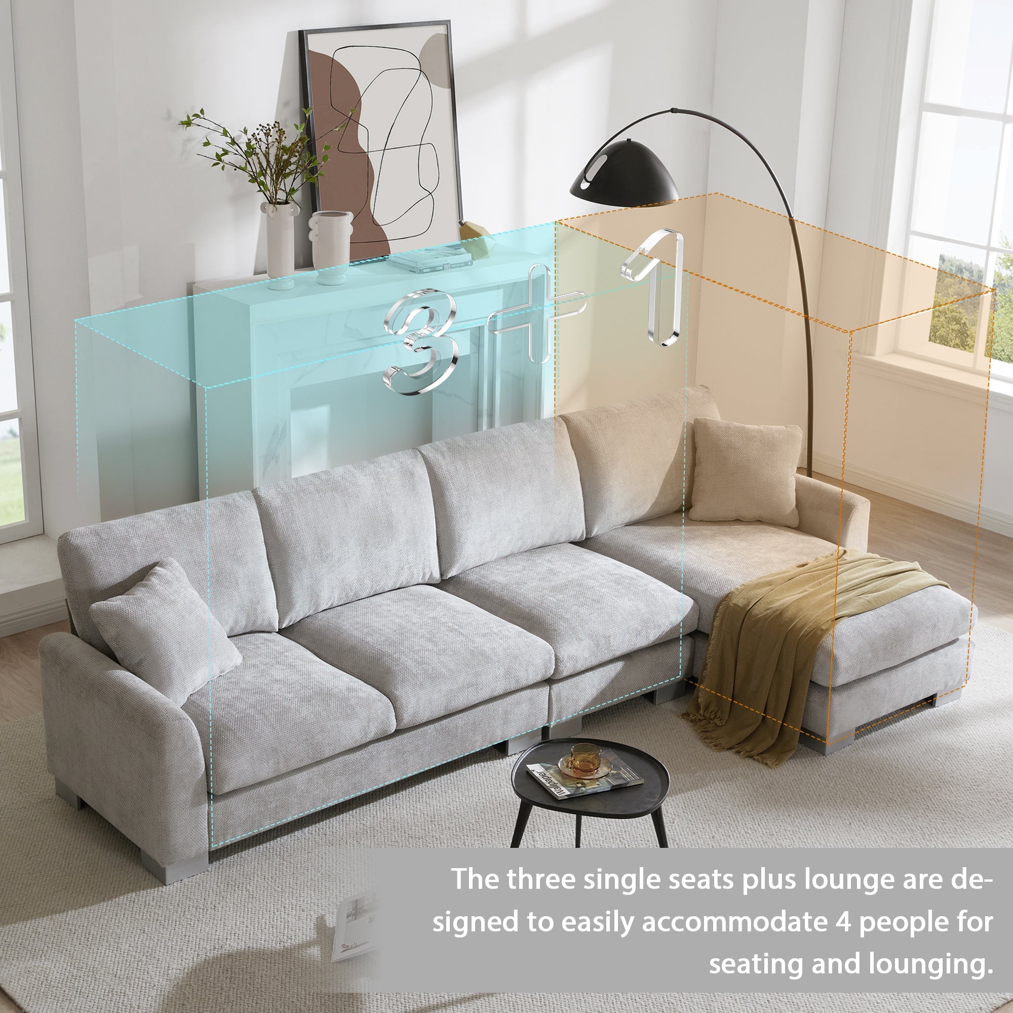 Modern Oversized L-shaped Sectional Sofa with Chaise and Free Pillows, Chenille Fabric, 119*55 Inches, Light Gray