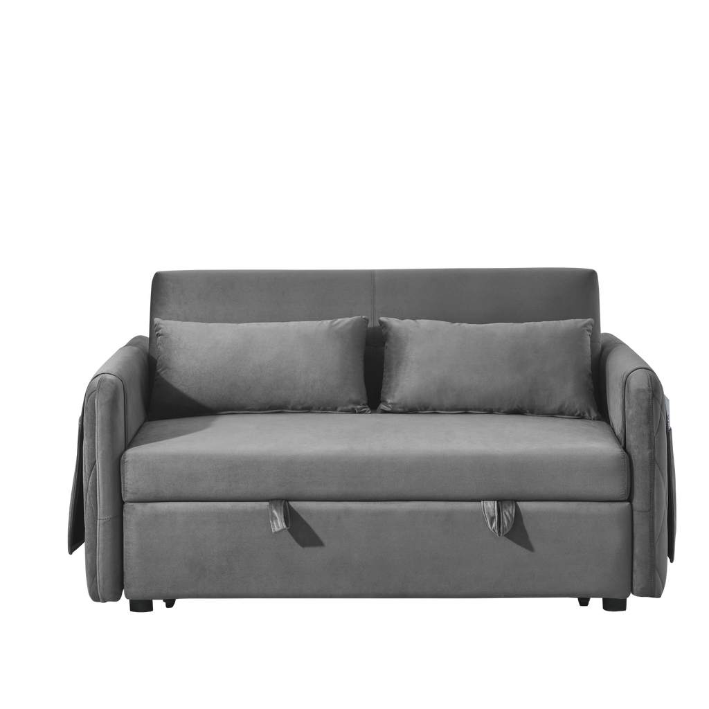 55' Modern Convertible Sofa Bed with 2 Detachable Arm Pockets, Velvet Loveseat Sofa with Pull Out Bed, 2 Pillows and Living Room Adjustable Backrest, Grid Design Armrests