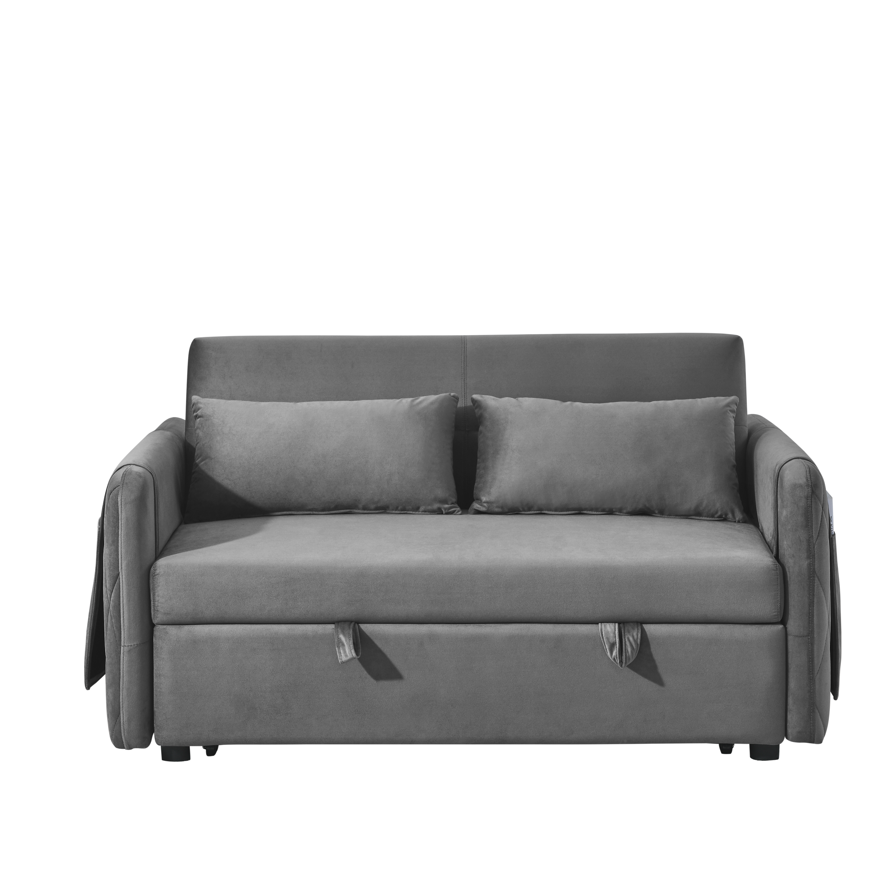 55' Modern Convertible Sofa Bed with 2 Detachable Arm Pockets, Velvet Loveseat Sofa with Pull Out Bed, 2 Pillows and Living Room Adjustable Backrest, Grid Design Armrests