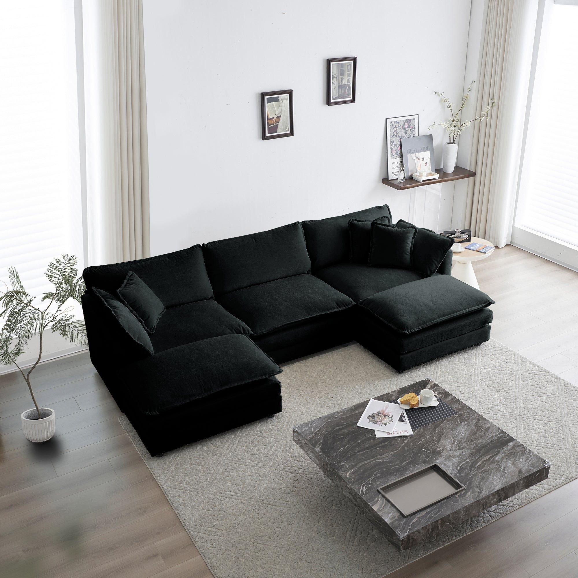 U-Shaped Sectional Sofa w/Reversible Footrest, 5-Seater Convertible Corner Couch with 2 Ottomans ,Modern Minimalist Soft Sofa & Couch for Living Room , Black Chenille