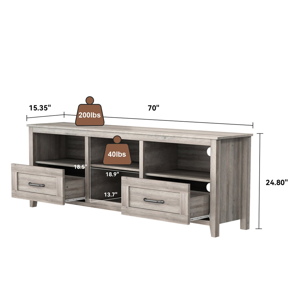 70.08 Inch Length TV Stand for Living Room and Bedroom, with 2 Drawers and 4 High-Capacity Storage Compartment, Grey Walnut ;Suitable for fireplace