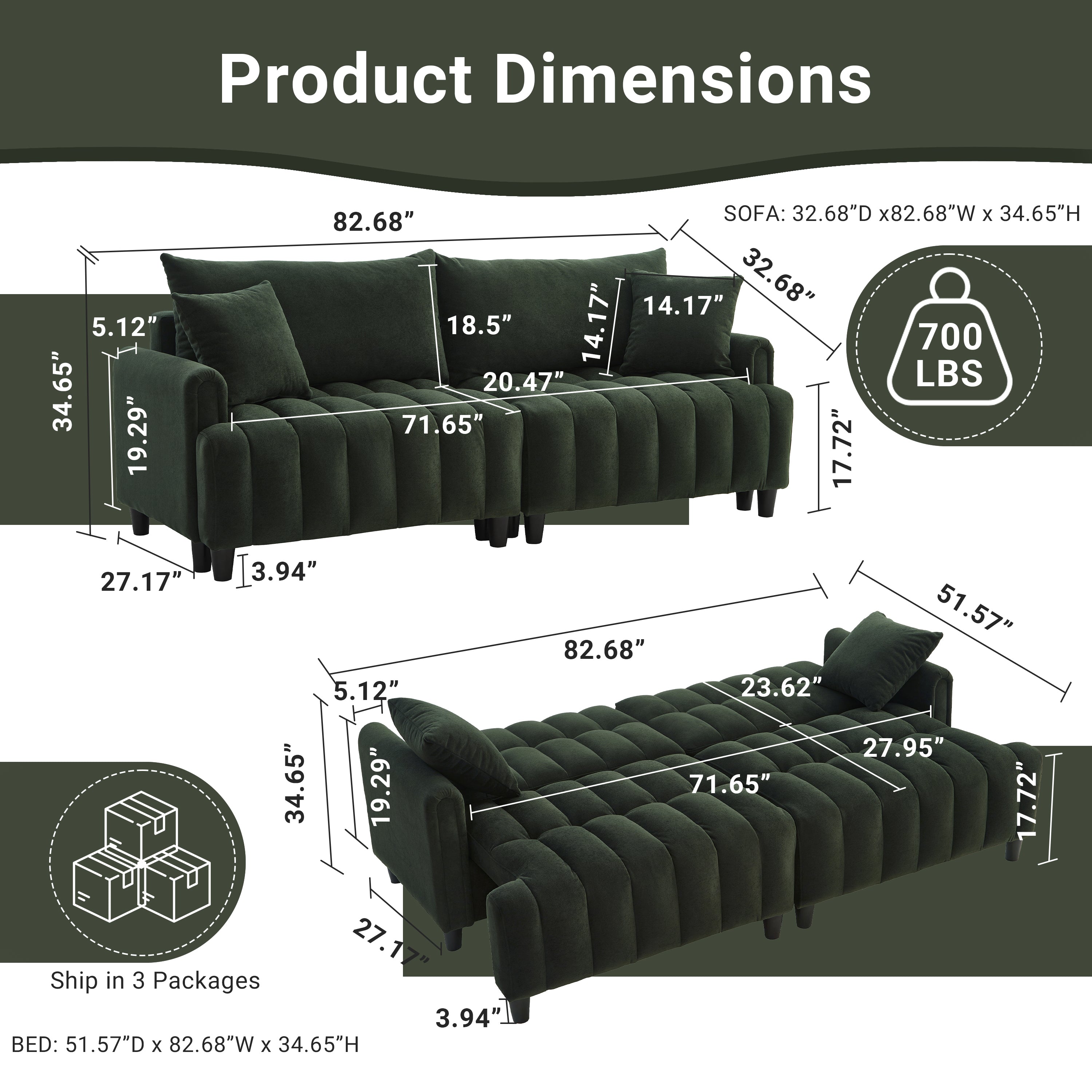 83'' Futon Sofa Bed, Polyester Fabric Comfy Futon Couch Bed with 2 Square Pillows, Convertible Sleeper Sofa with Adjustable Backrest,  Modern Loveseat Sleeper for Living Room, Dark Green