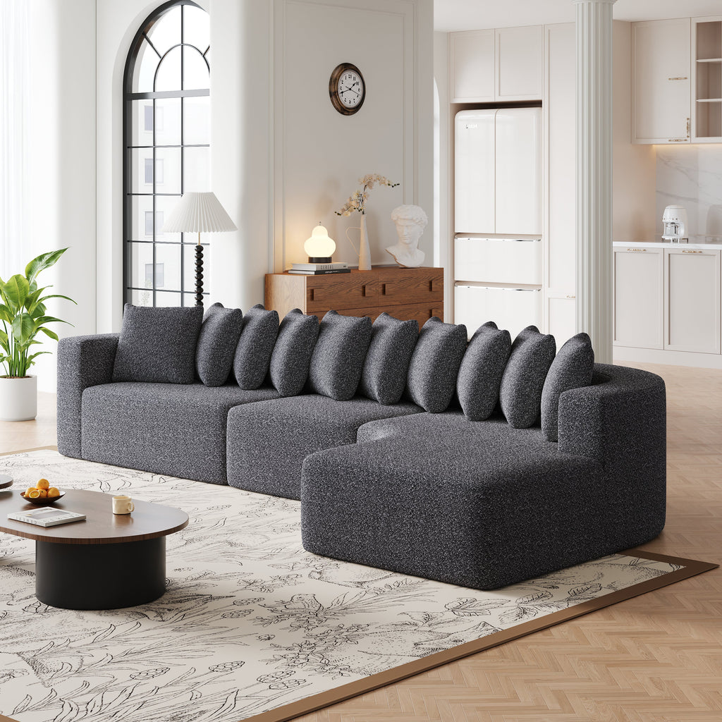 131.1-inch Chenille Sectional Sofa Set, Modern Cloud-Shaped Curved Sofa, Includes 10 Pillows, Living Room Fabric Corner Sofa, L-Shaped Modular Sofa (Right Chaise)