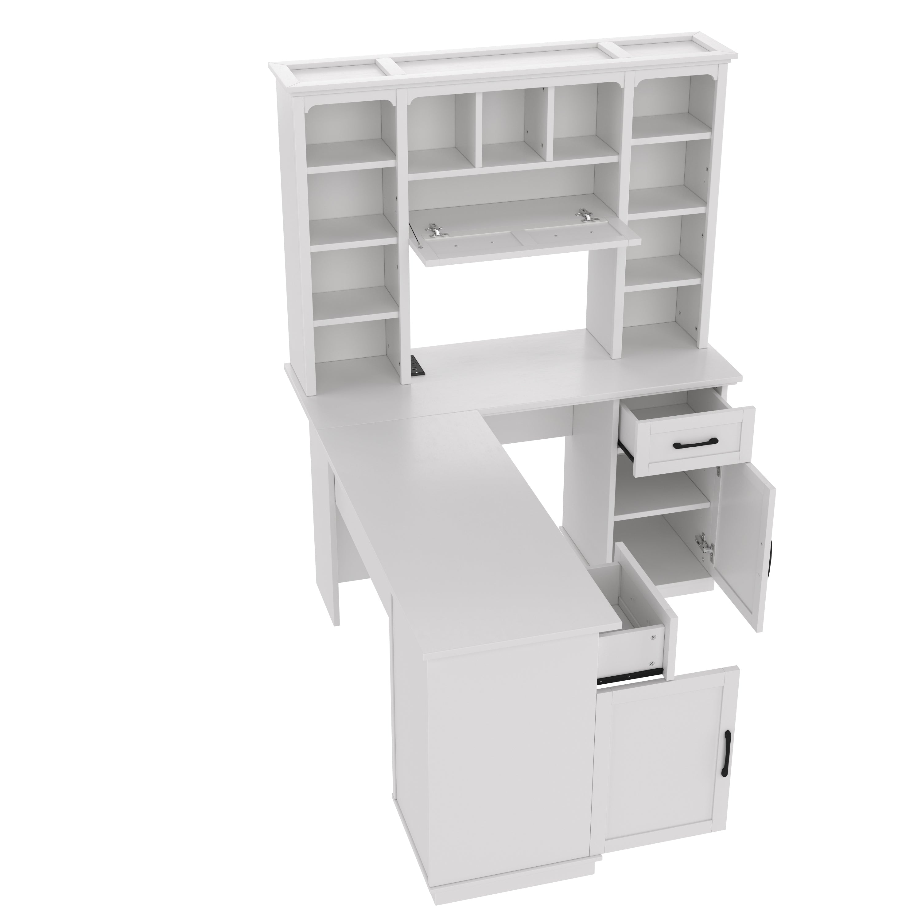 L-Shaped Computer Desk with 2 Cabinets and 2 Drawers, 11 Open Shelves , with Electrical Outlet, for Study, Living Room and Office, White