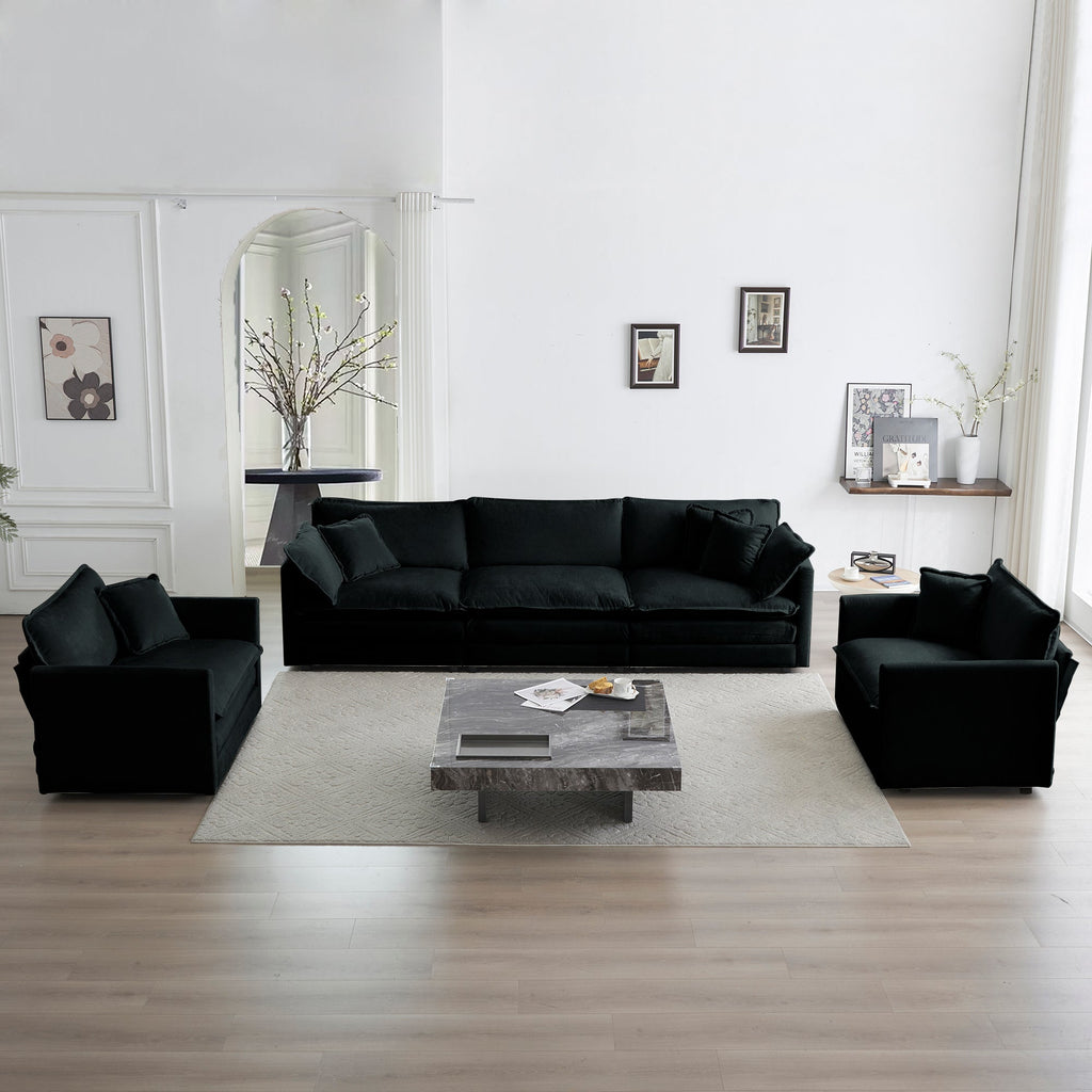 Sofa Set of 3, 1+1+3 Seats Living Room Sofa Set, Accent Chair, Loveseat, and Three-Seat Sofa Modern Style Round Arms 3 Piece Sofa Set, Black Chenille