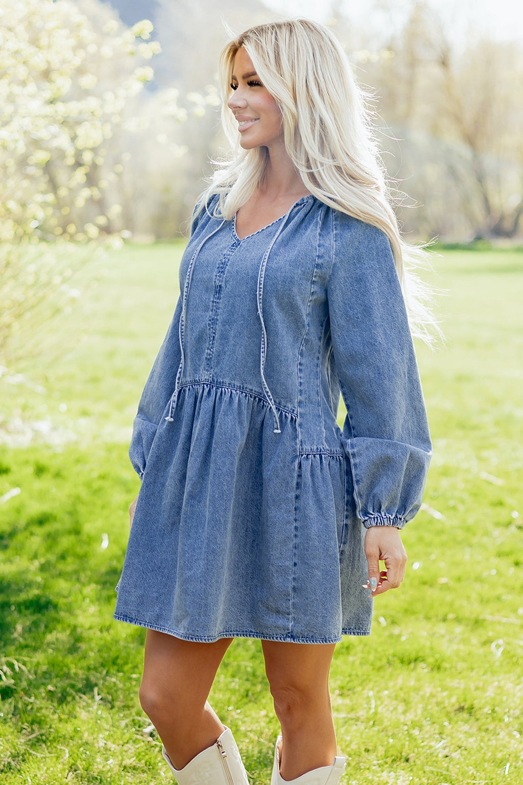 Denim Puff Sleeve Tie V-Neck Ruffle Dress