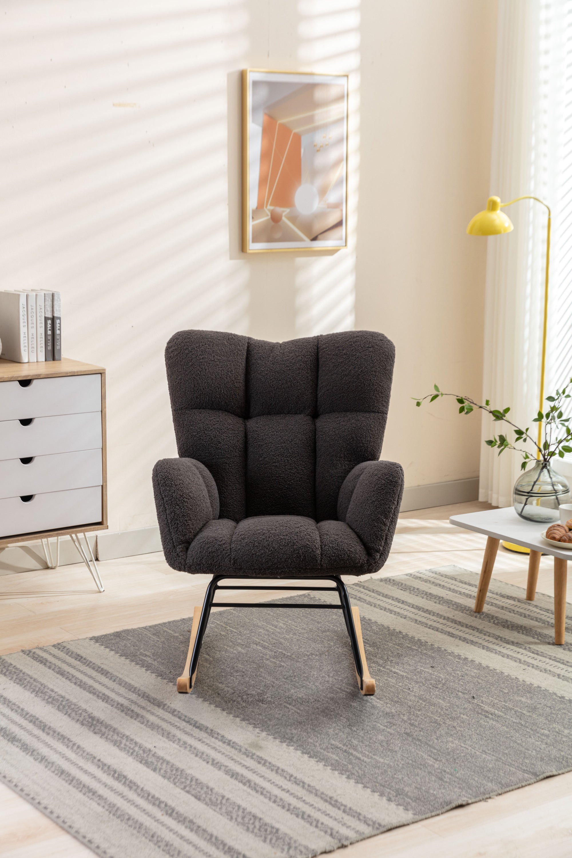 050-Teddy Fabric Rocking Gilder Nursery Chair For Living Room Indoor,Dark Gray