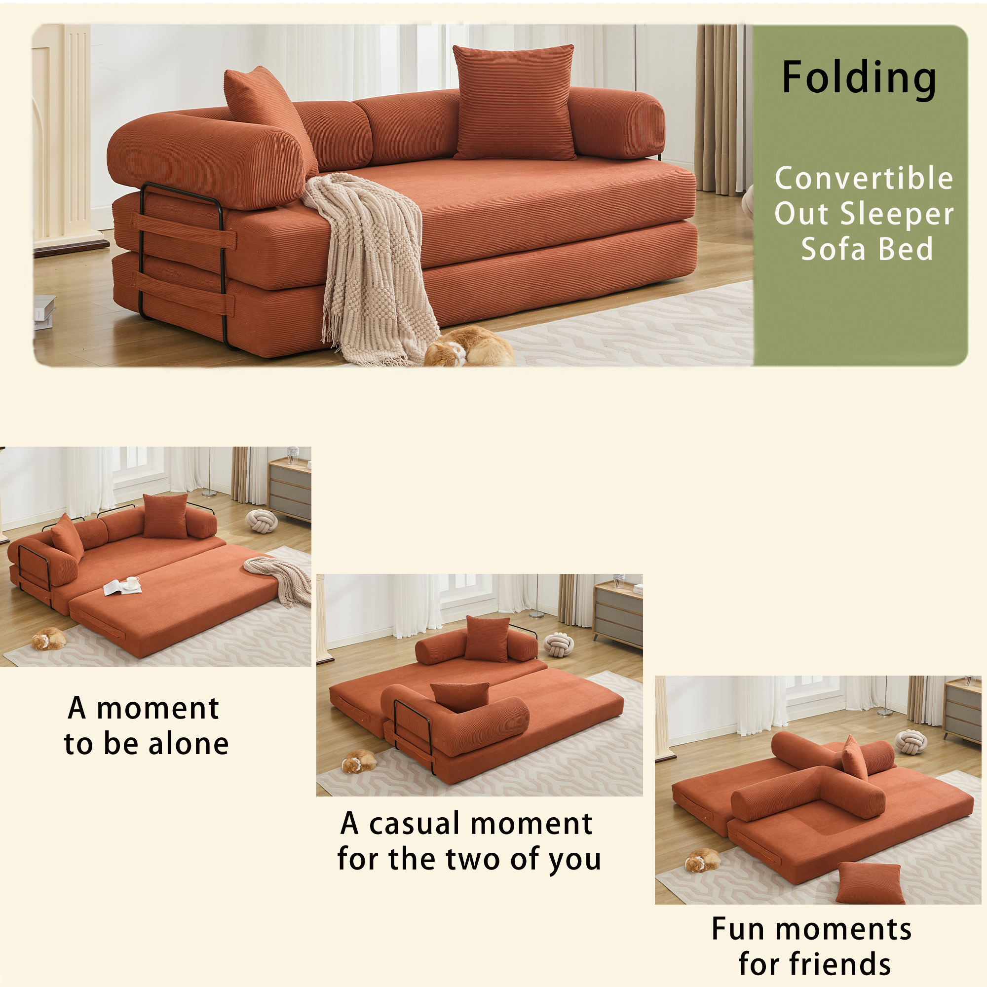 [NEW ARRIVED] [VIDEO PROVIDED] 78.5' Folding Convertible Out Sleeper Sofa Bed,4-in-1 DIY Combination Convertible Sofa, 3 seat, Folding Sleeper Sofa, King Size , Bedroom,Apartment,Corduroy,Orange