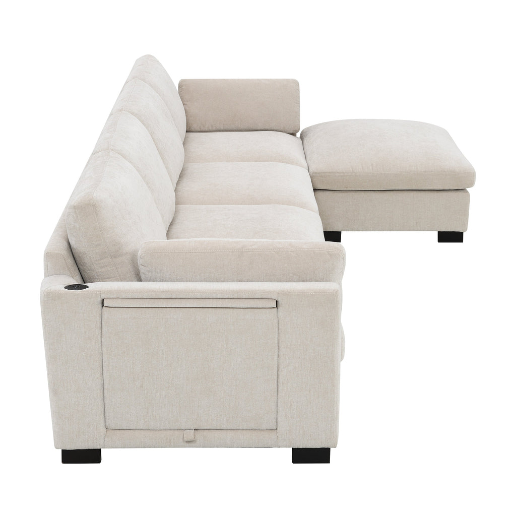 [VIDEO]130' Modular Sectional Sofa, L-Shape with Folding Table and Dual-Port Charging, Side Storage Pockets, 2 Armrest Pillows, Free Movement Ottoman, High Density Foam, Chenille, 5 Seat, 2 Colors