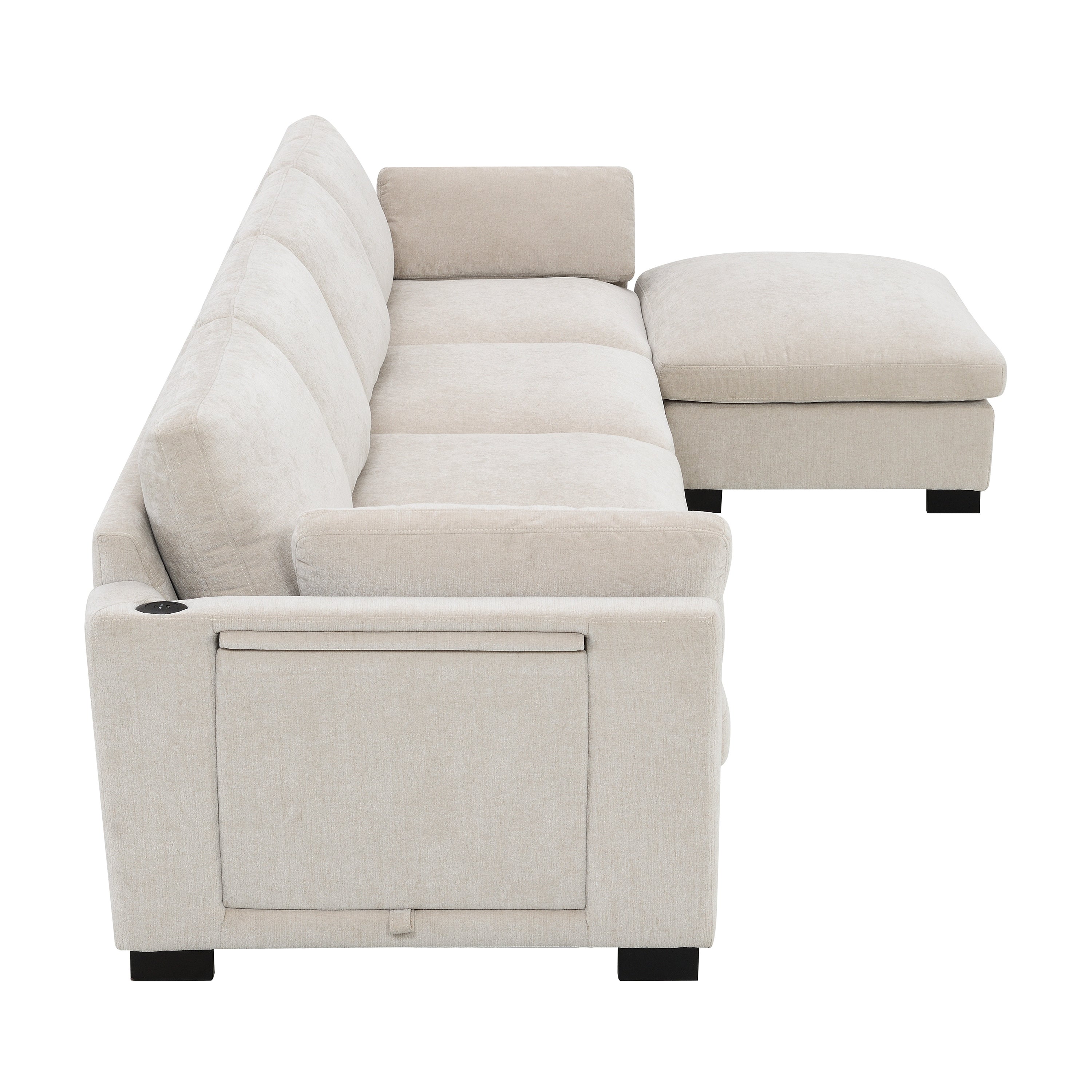 [VIDEO]130' Modular Sectional Sofa, L-Shape with Folding Table and Dual-Port Charging, Side Storage Pockets, 2 Armrest Pillows, Free Movement Ottoman, High Density Foam, Chenille, 5 Seat, 2 Colors