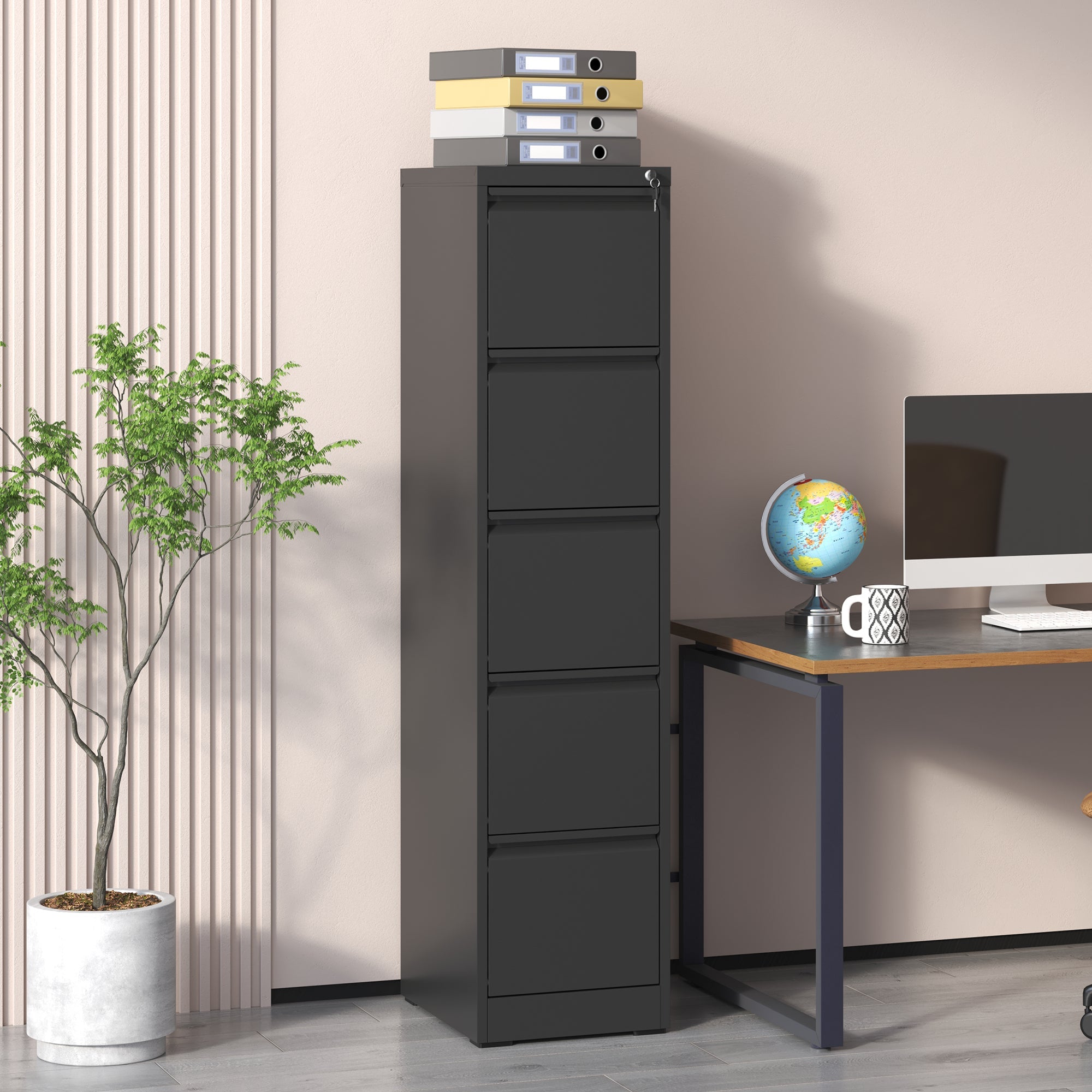 SteelCraft Pro 5 Drawer Metal Vertical File Cabinet with Lock, Black, Steel, 64.17 inches