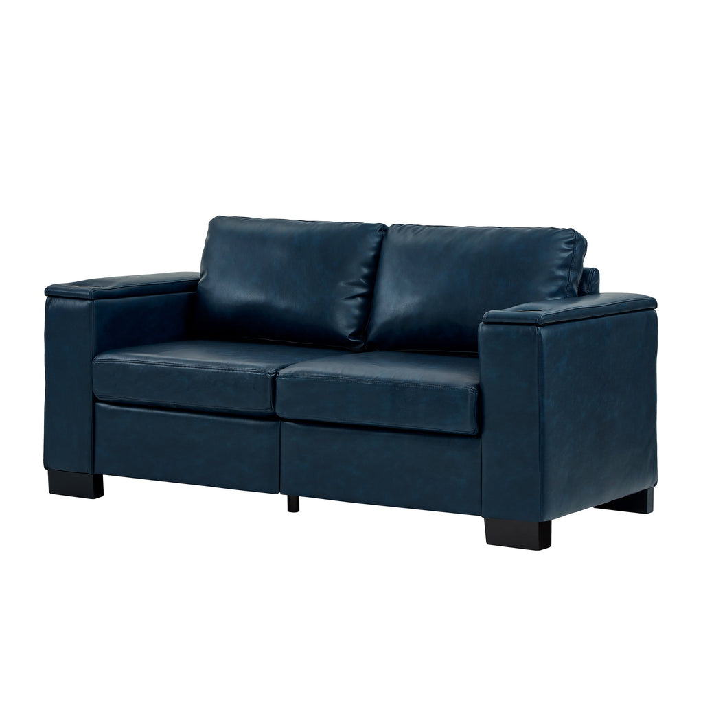 Two Pieces 2+3 seater Sofa Modern Style Living Room Sofa Faux Leather Couch,Square Arm Sofa with Cup Holder,Storage Sofa,Upholstered PU Leather Navy Blue