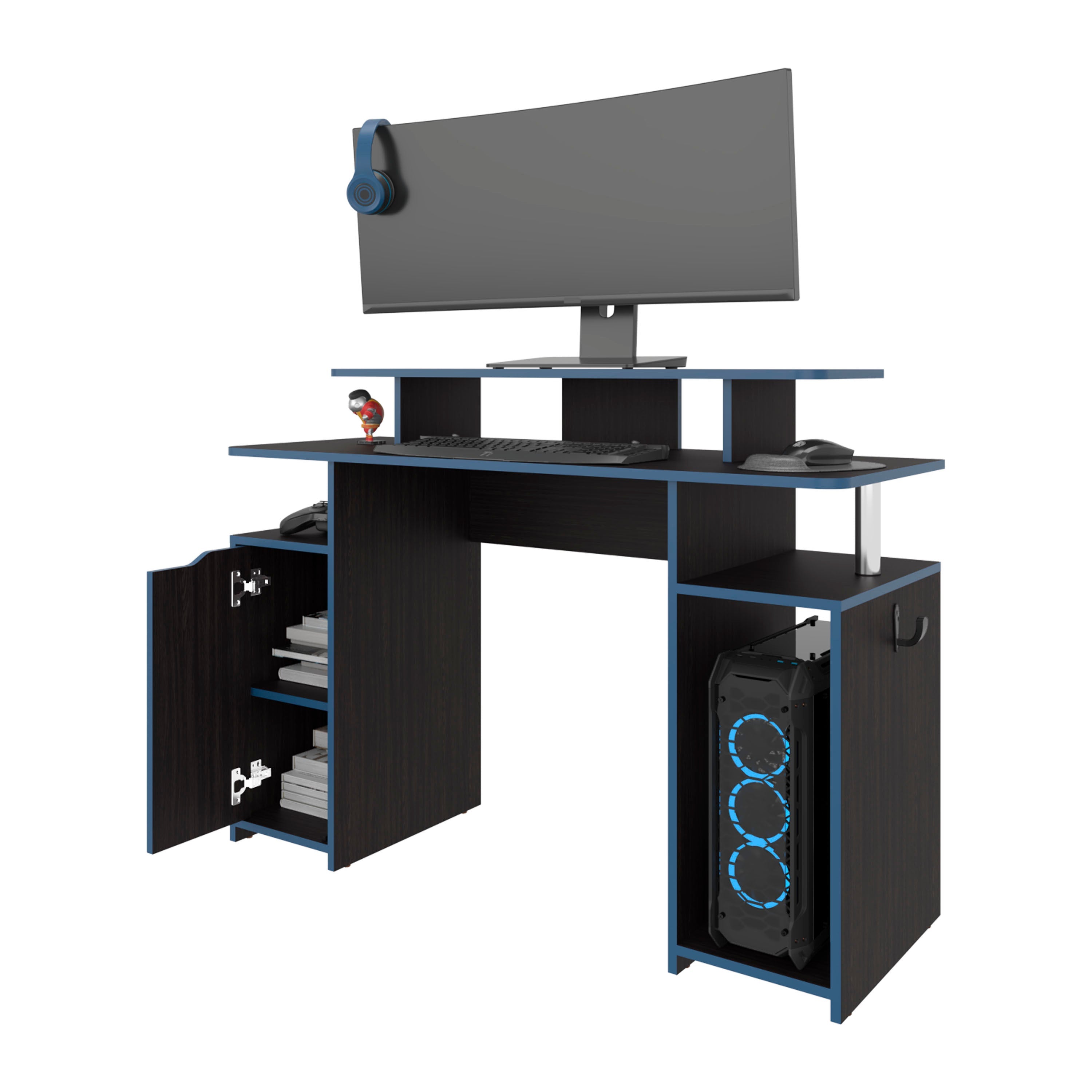 FM FURNITURE Lol Minimalist Gaming Desk with Elevated Monitor Shelf. Blue Accents