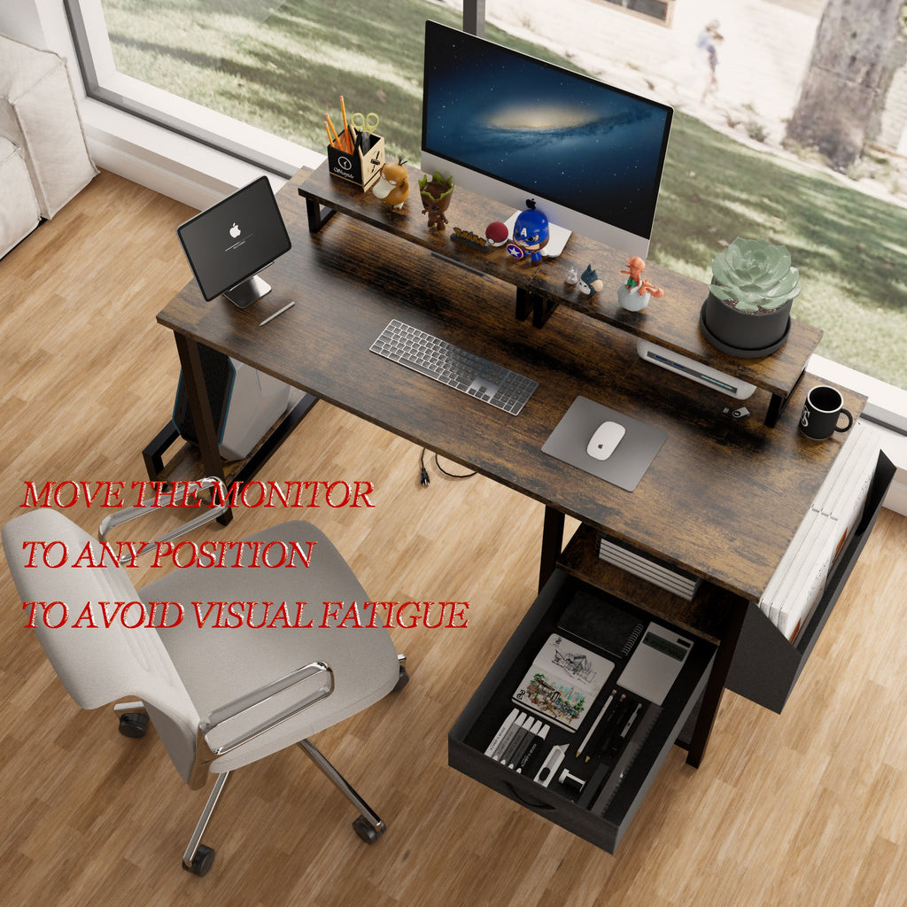 Computer Desk with Drawer and Power Outlets, 47' Office Desk with 2 Monitor Stands and Fabric File Cabinet, Writing Gaming Table with Shelves and Hooks for Home Office, Rustic Brown