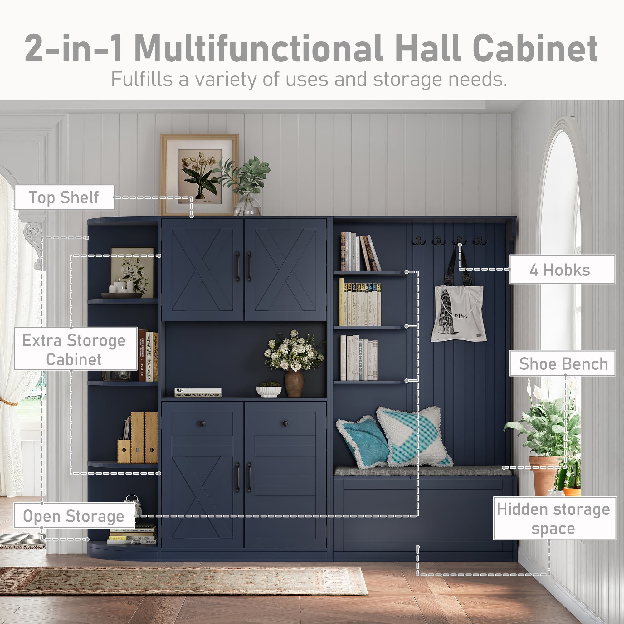 Multifunctional left-right combination hall cabinet (can be used separately) with storage and 4 hooks, storage cabinet/ hall tree 2 in 1 for living room, kitchen and hallway, antique blue