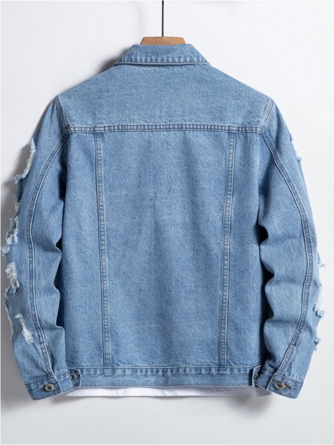 Men's Ripped Distressed Denim Blue Jean Jacket