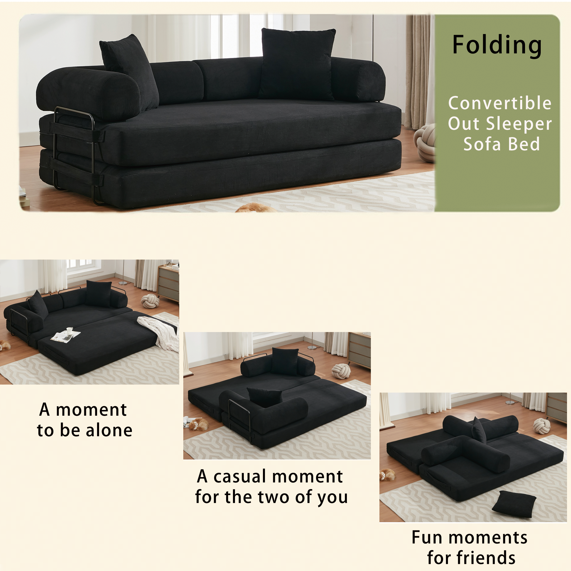 [NEW ARRIVED] [VIDEO PROVIDED] 78.5' Folding Convertible Out Sleeper Sofa Bed,4-in-1 DIY Combination Convertible Sofa,3 seat, Folding  Sofa, King Size , Bedroom,Apartment,Corduroy,Black