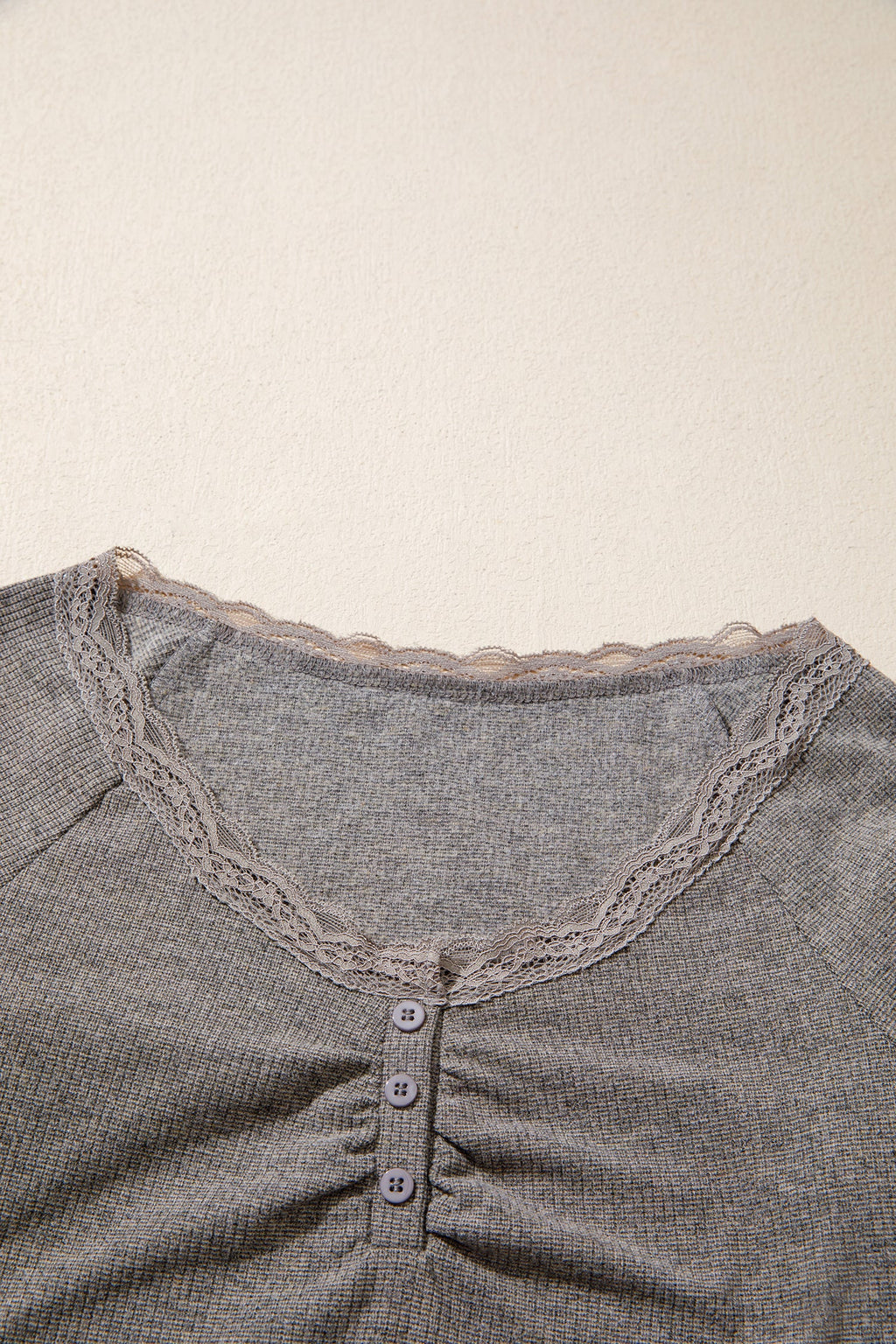 Solid Lace Trim Ribbed Knit Long Sleeve Top
