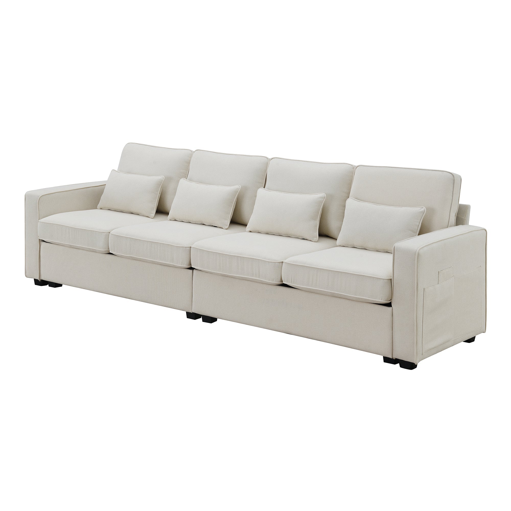 [VIDEO provided] [New] 104' 4-Seater Modern Linen Fabric Sofa with Armrest Pockets and 4 Pillows,Minimalist Style Couch for Living Room, Apartment, Office,3 Colors