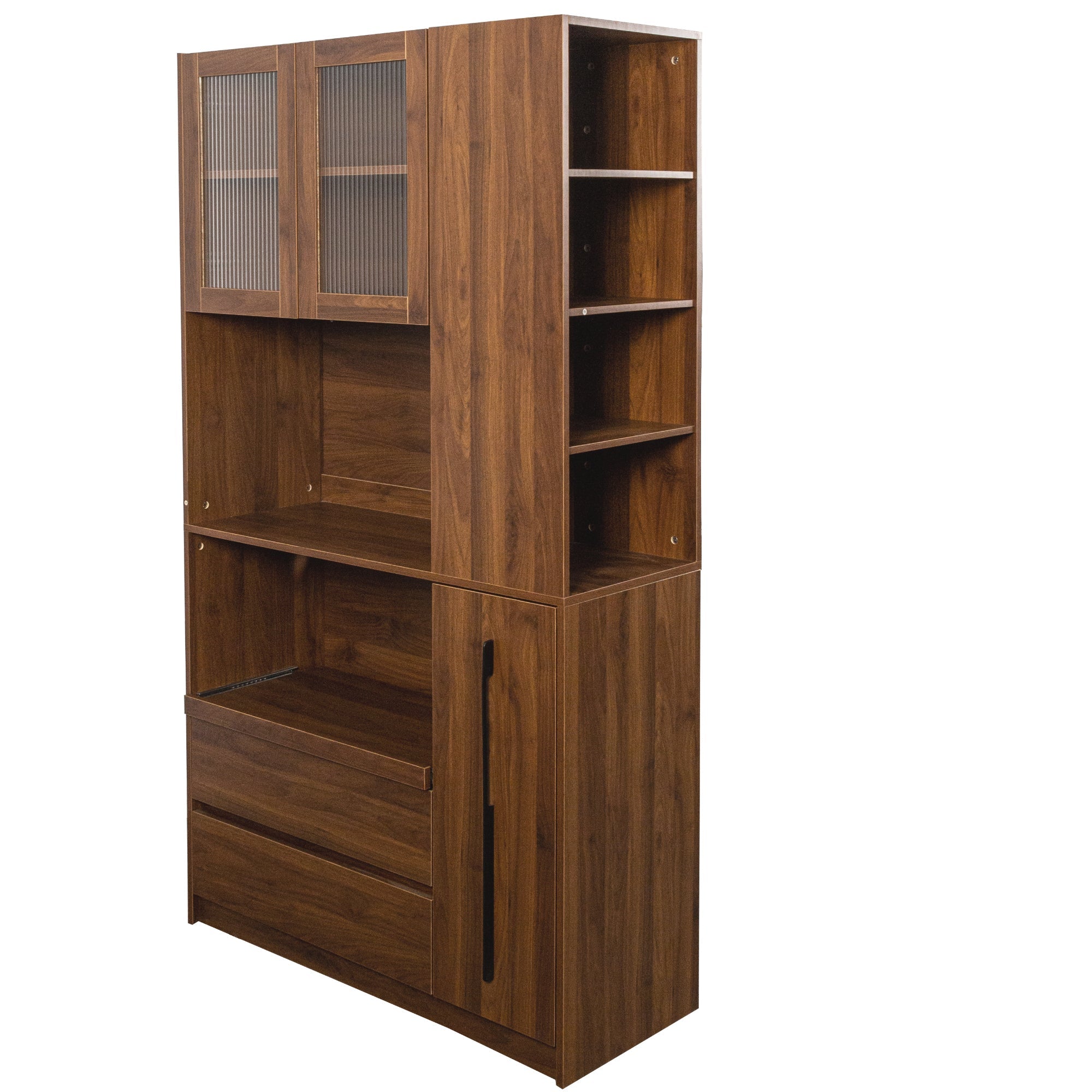 70.87' Tall Kitchen Pantry Cabinet with multi-functional pull-out multi-tier storage shelf,  4-Tier side Shelf, 2 Drawers,with Glass Door,Freestanding Food Hutch with Microwave Stand for Dining Room