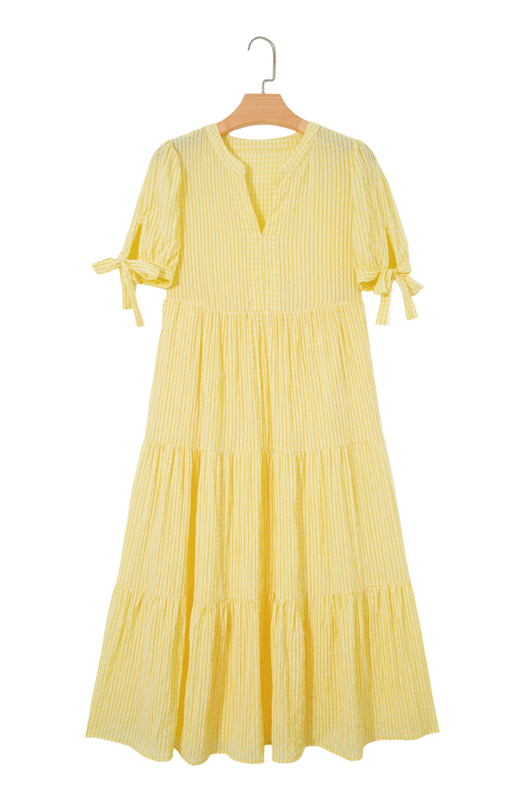 Gingham Textured Bow Tie Tiered Midi Dress