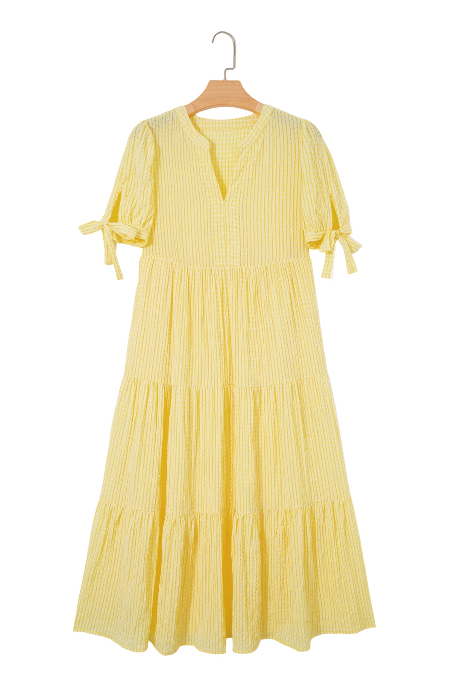 Gingham Textured Bow Tie Tiered Midi Dress