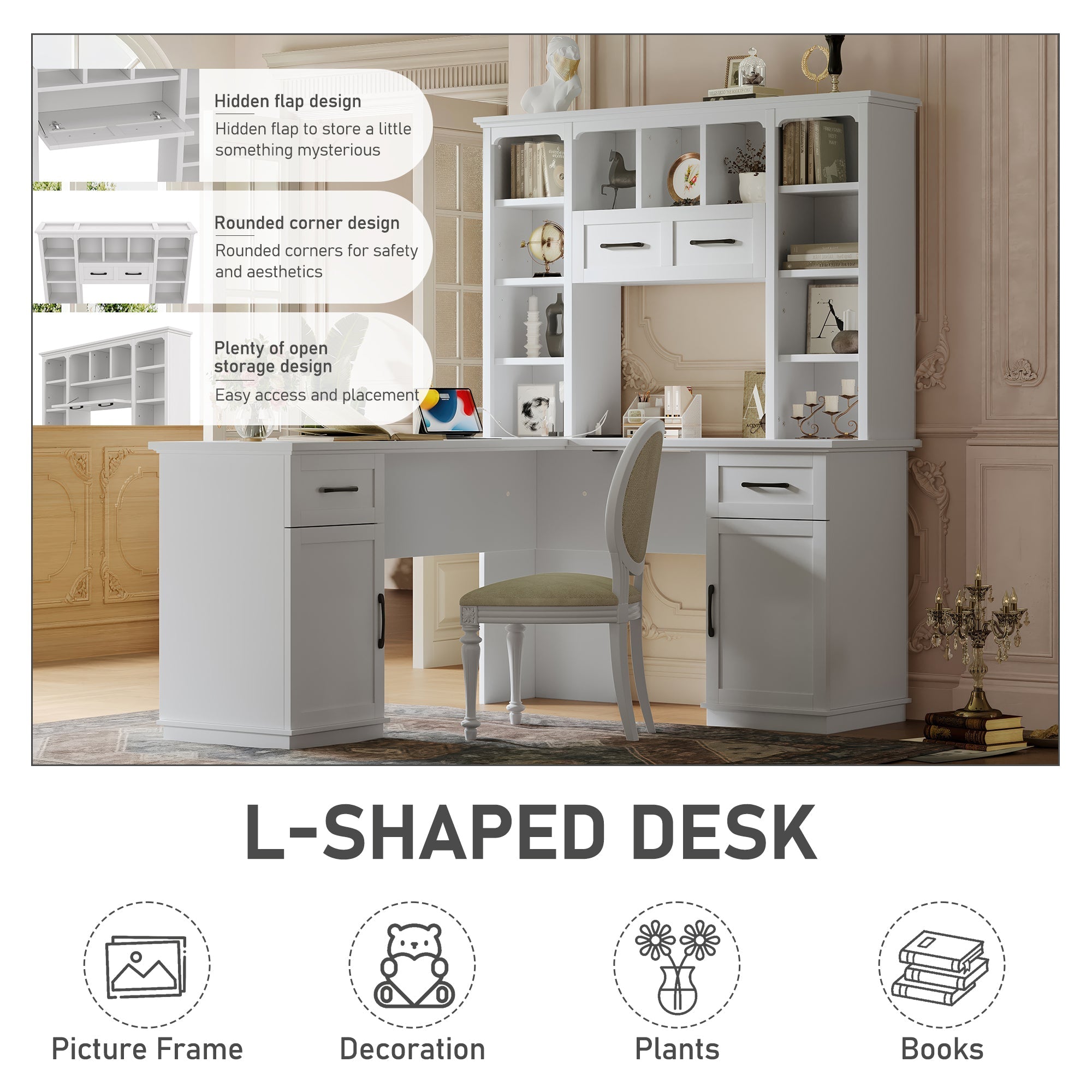 L-Shaped Computer Desk with 2 Cabinets and 2 Drawers, 11 Open Shelves , with Electrical Outlet, for Study, Living Room and Office, White