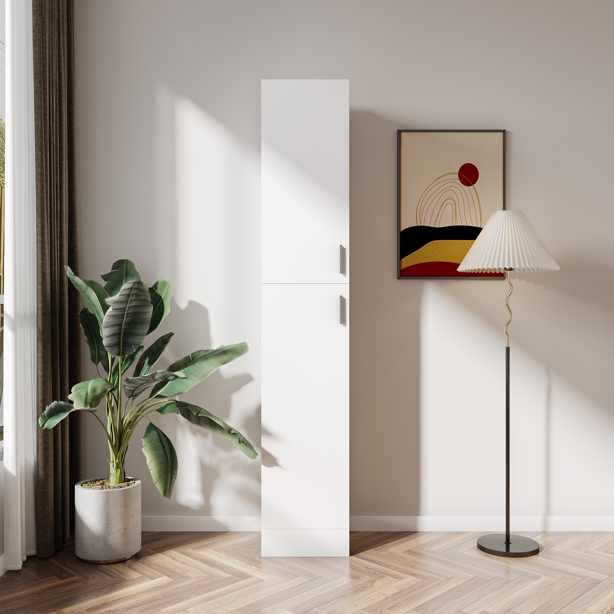 Elegant White Freestanding Cabinet with Inadjustable Shelves and Two Doors for Kitchen and Dining Room