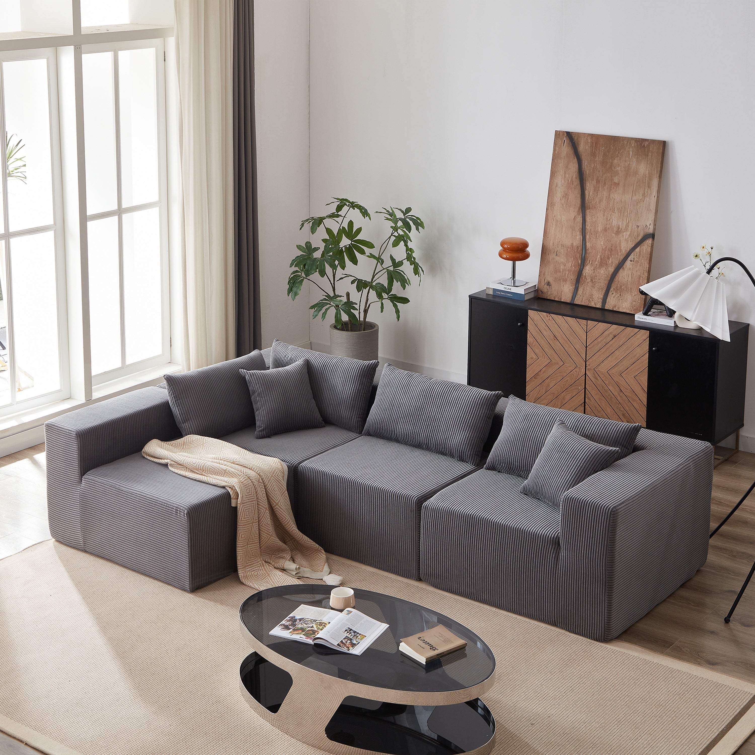 104-Inch Corduroy Modular L Shaped Sectional Sofa,Luxury Floor Couch Set,Upholstered Indoor Furniture,Foam-Filled Compressed Sofa for Living Room,Bedroom,4 PC Free Combination