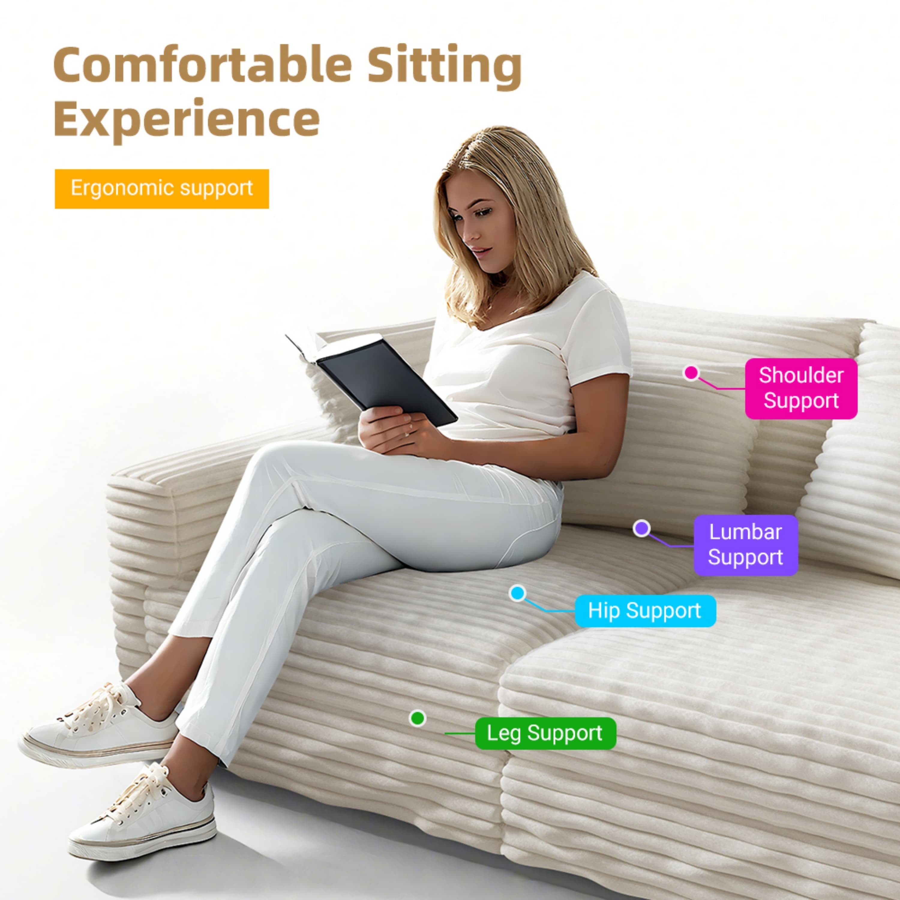 82.7 ' Plush Corduroy 3-Seat Sofa, Modern Comfy Upholstered Sofa Cloud Couch, Deep Seat Couches with Soft Pillows and 2 Ottomans, Convertible Sofa Lounge Chair, for Living Room,Apartment,Office,Beige