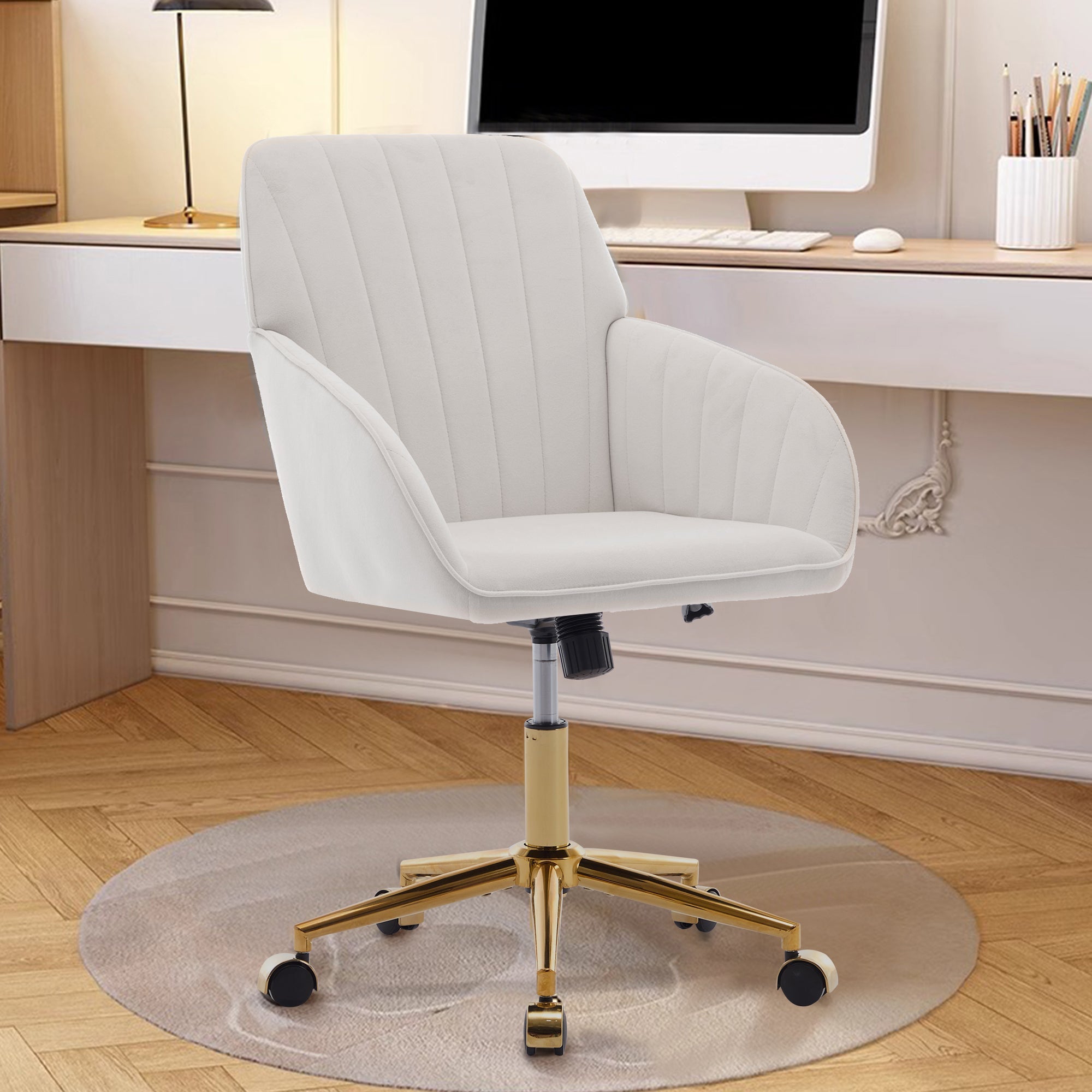 TY Ergonomic Swivel Office Chair, Adjustable and Comfortable, Beige Velvet Upholstery, 24.60 x 22.84 x 38.00 inches