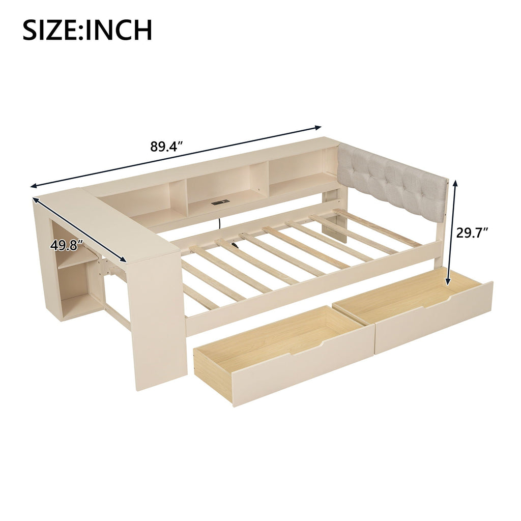 Upholstered Headboard Platform Bed With Storage Shelves, Drawers, Charging Station