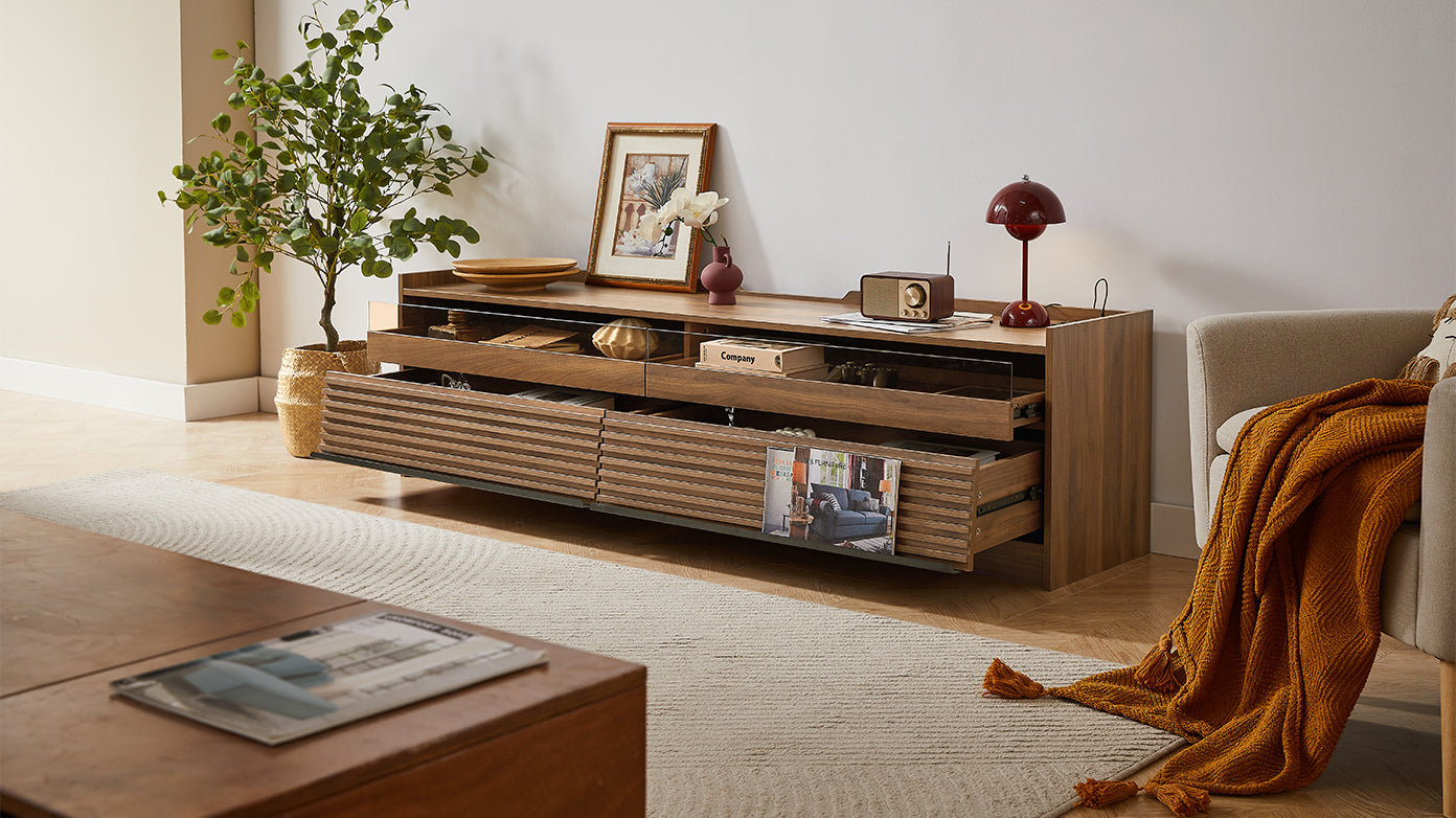 Mirod Modern TV Stand with Ample Storage,4 Drawer Design with Tempered Glass ,Built-in Charging Ports and Ambient LED Lighting ,Versatile for Any Decor Style