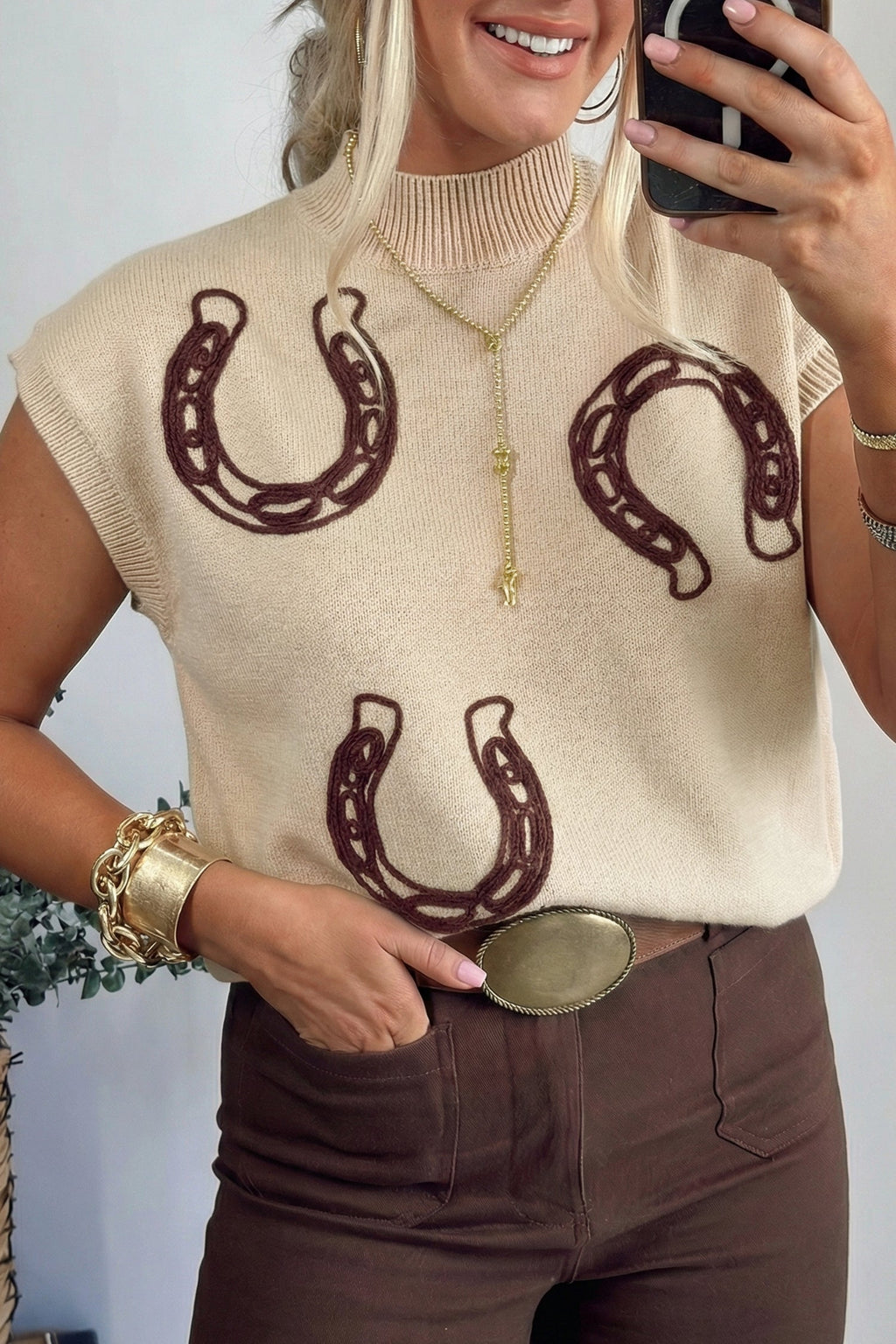 Western Corded Horseshoe Mock Neck Short Sleeve Sweater