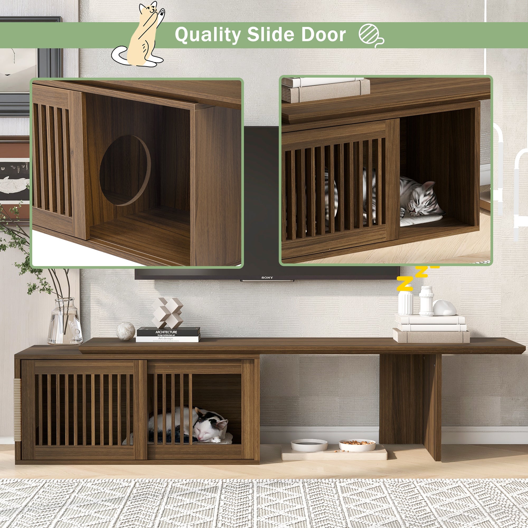 Mid-Century Modern 2 in 1 Cat Furniture Walnut TV Stand With Extendable table,  Litter Box Enclosure with Cat Scratcher