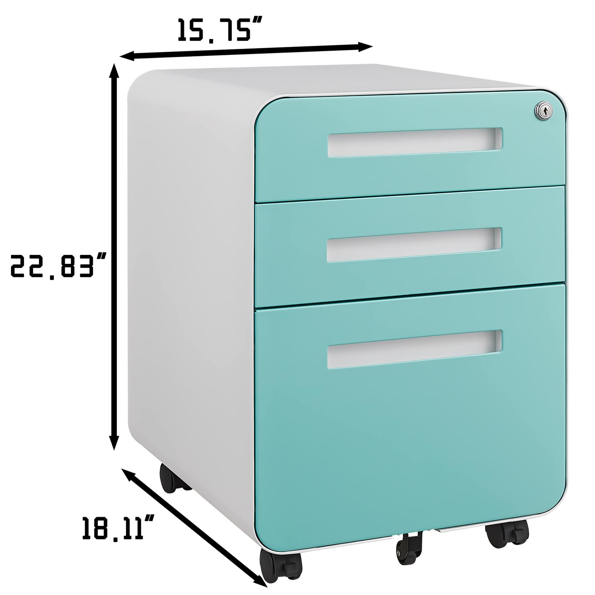 Simple Style 3 Drawer Mobile File Cabinet Under Desk Office Storage in White+Green, Metal, 18x15.75x22.83 inches