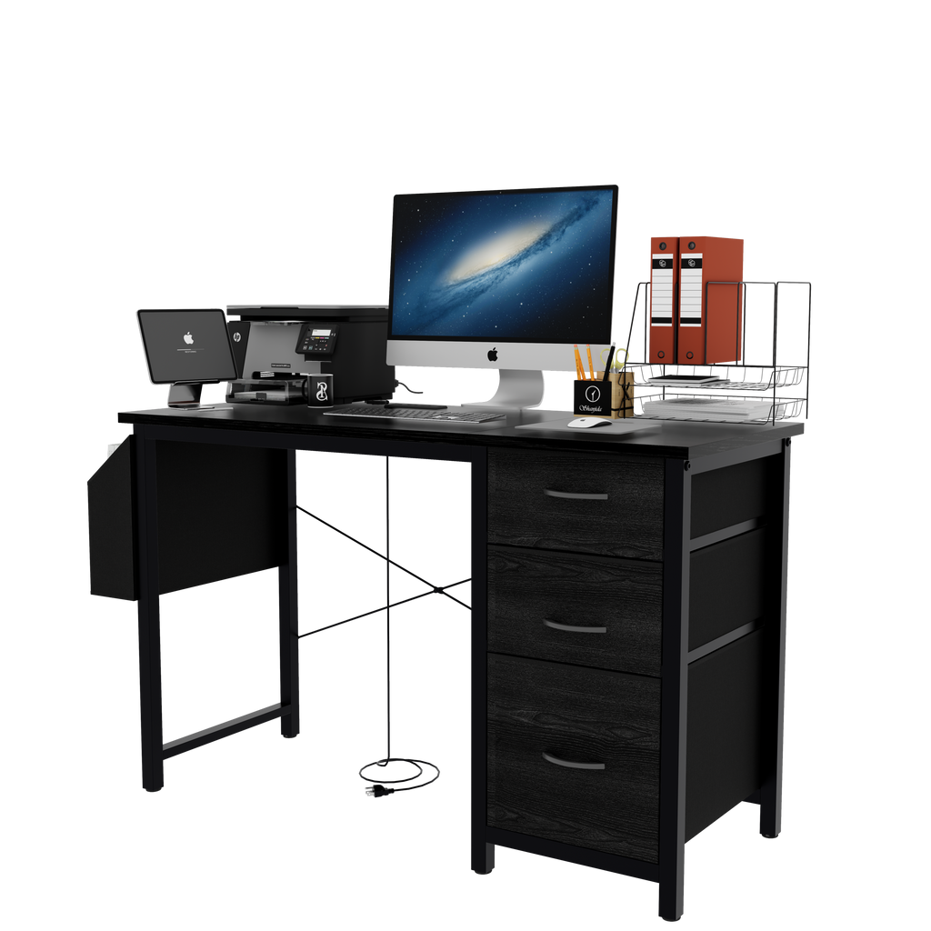 47.3'office desk with power outlet,3 drawers,Large Side Pocket, Desk Easy to Assemble,Frame stability Reversible,  for home desk, computer desk, game table,Writing desk,Vanity table, black