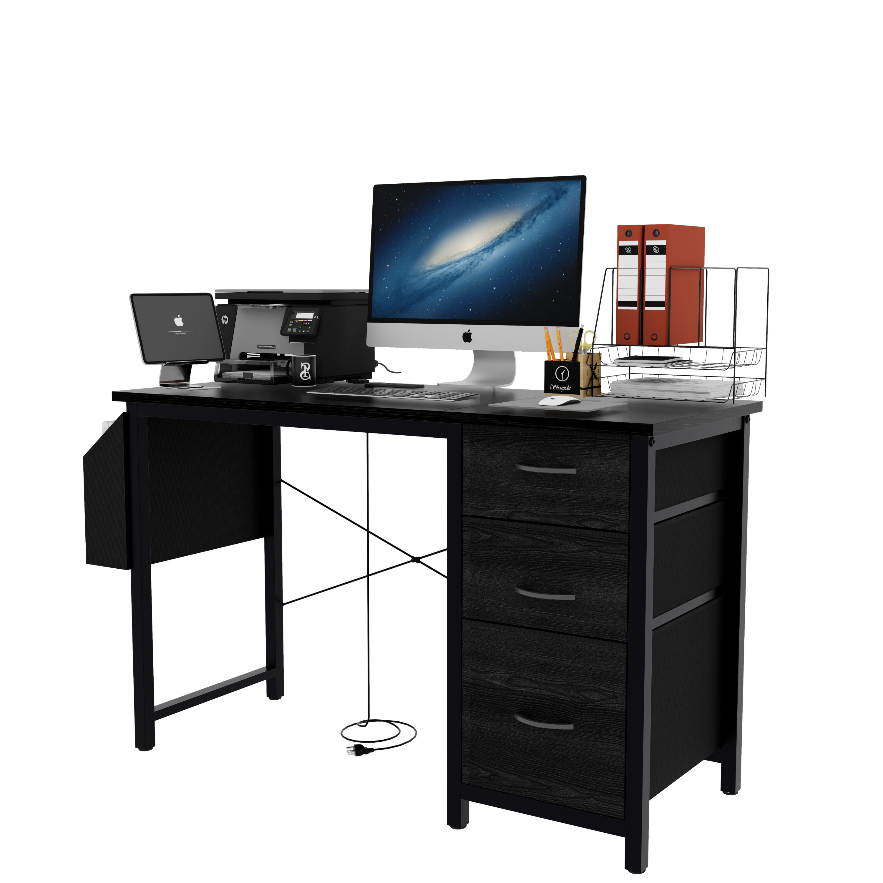 47.3'office desk with power outlet,3 drawers,Large Side Pocket, Desk Easy to Assemble,Frame stability Reversible,  for home desk, computer desk, game table,Writing desk,Vanity table, black